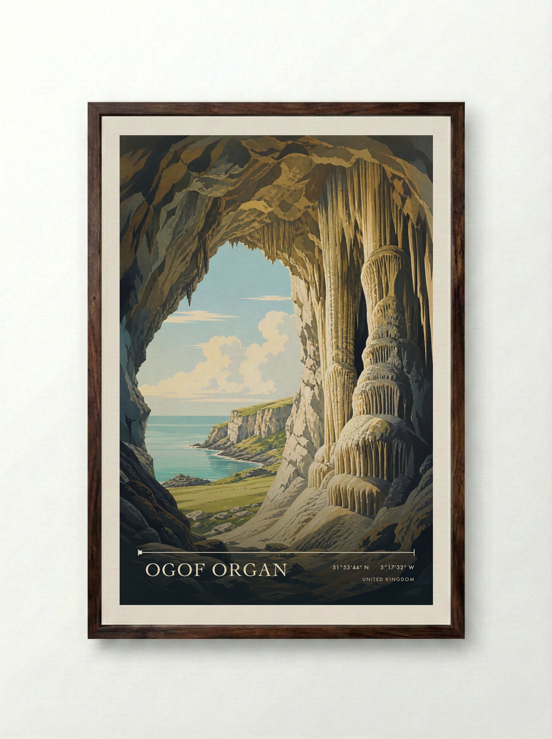 Ogof Organ United Kingdom Travel Poster - Framed Print Dark Wood
