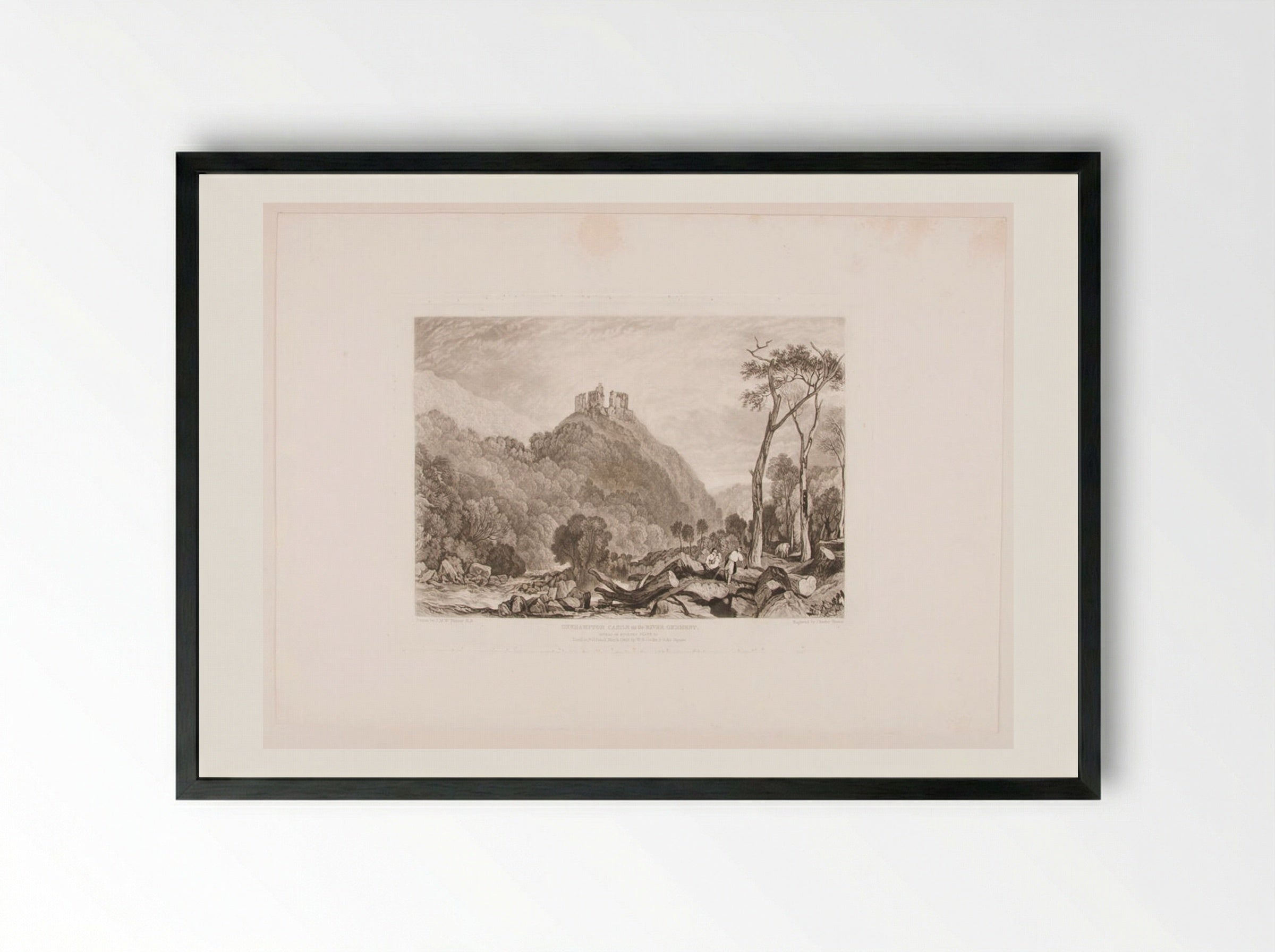Okehampton Castle on the River Okement - Charles Turner - Framed Print Black
