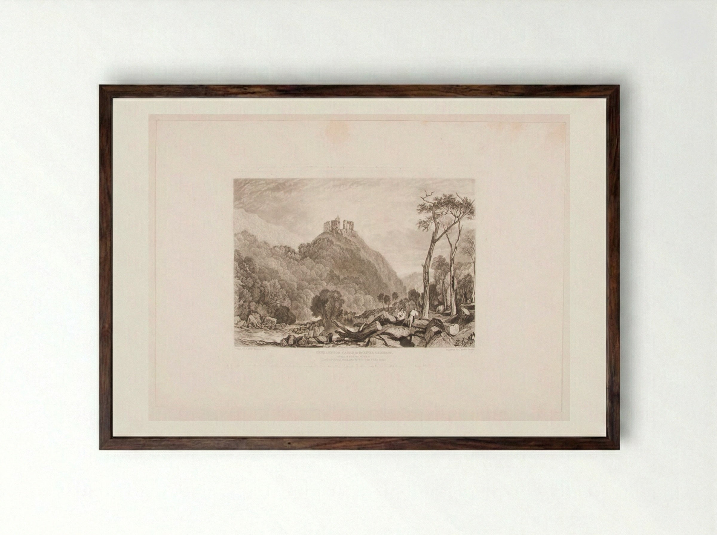 Okehampton Castle on the River Okement - Charles Turner - Framed Print Dark Wood