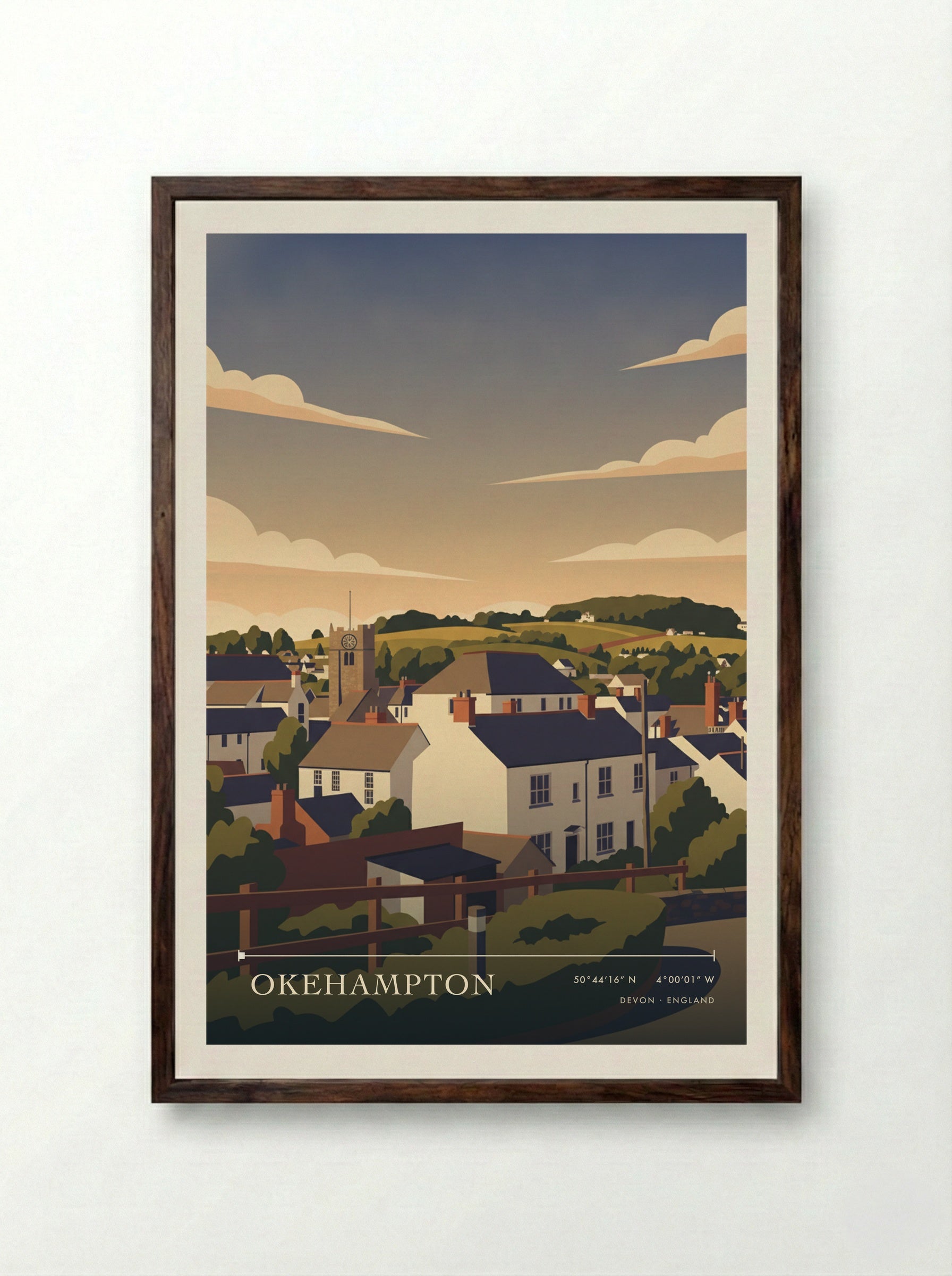 Okehampton Devon England Travel Poster - Framed Print Dark Wood