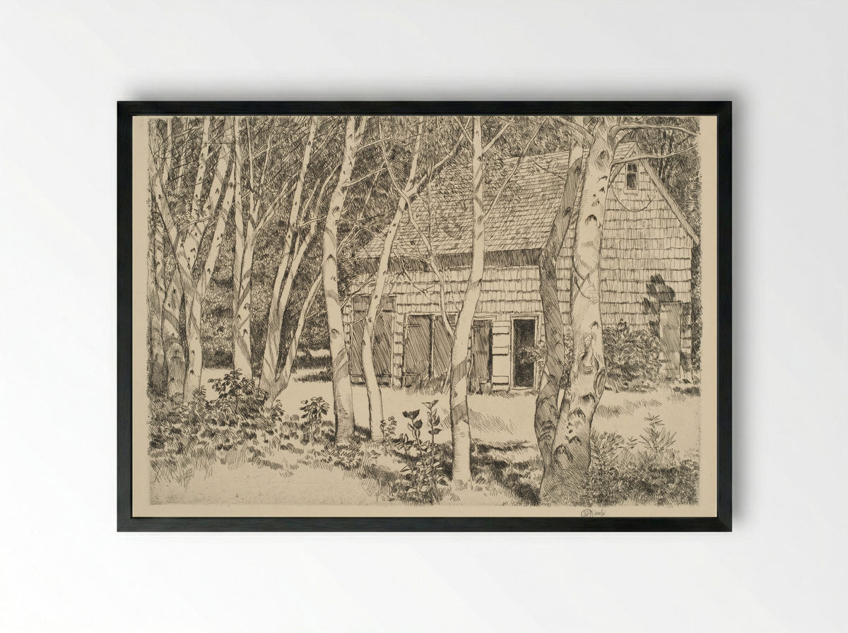 Old Barn and Birches - Childe Hassam - Framed Print Black