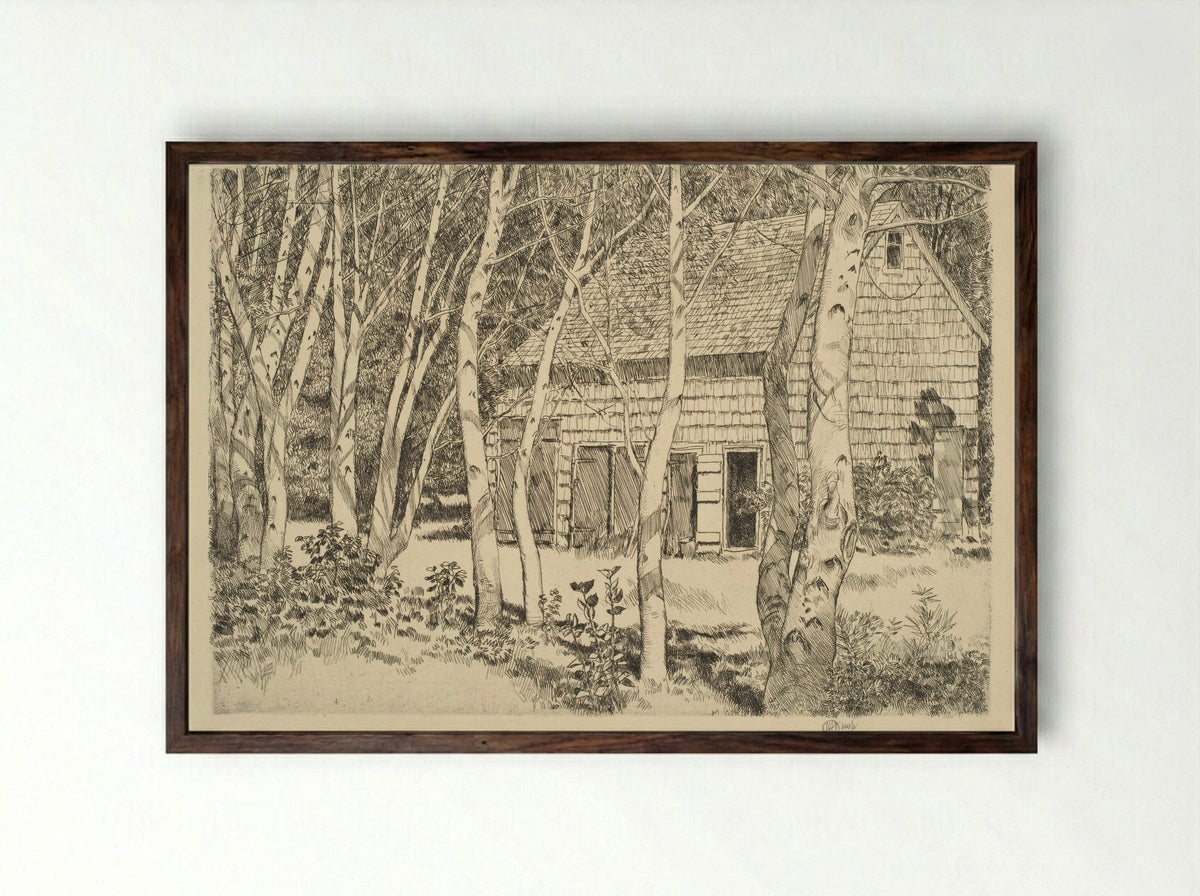 Old Barn and Birches - Childe Hassam - Framed Print Dark Wood