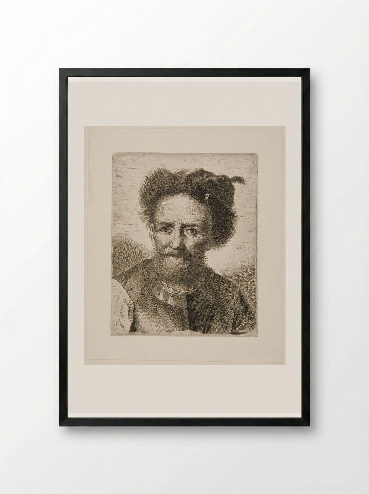 Old Bearded Man with Fur Cap and Breastplate - Georg Friedrich Schmidt - Framed Print Black