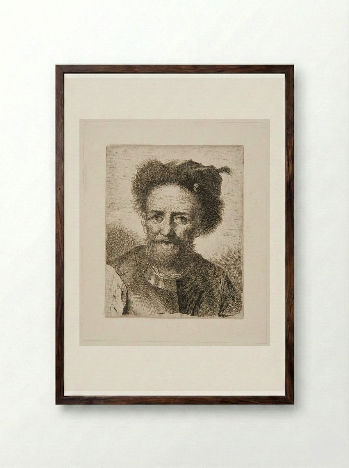 Old Bearded Man with Fur Cap and Breastplate - Georg Friedrich Schmidt - Framed Print Dark Wood