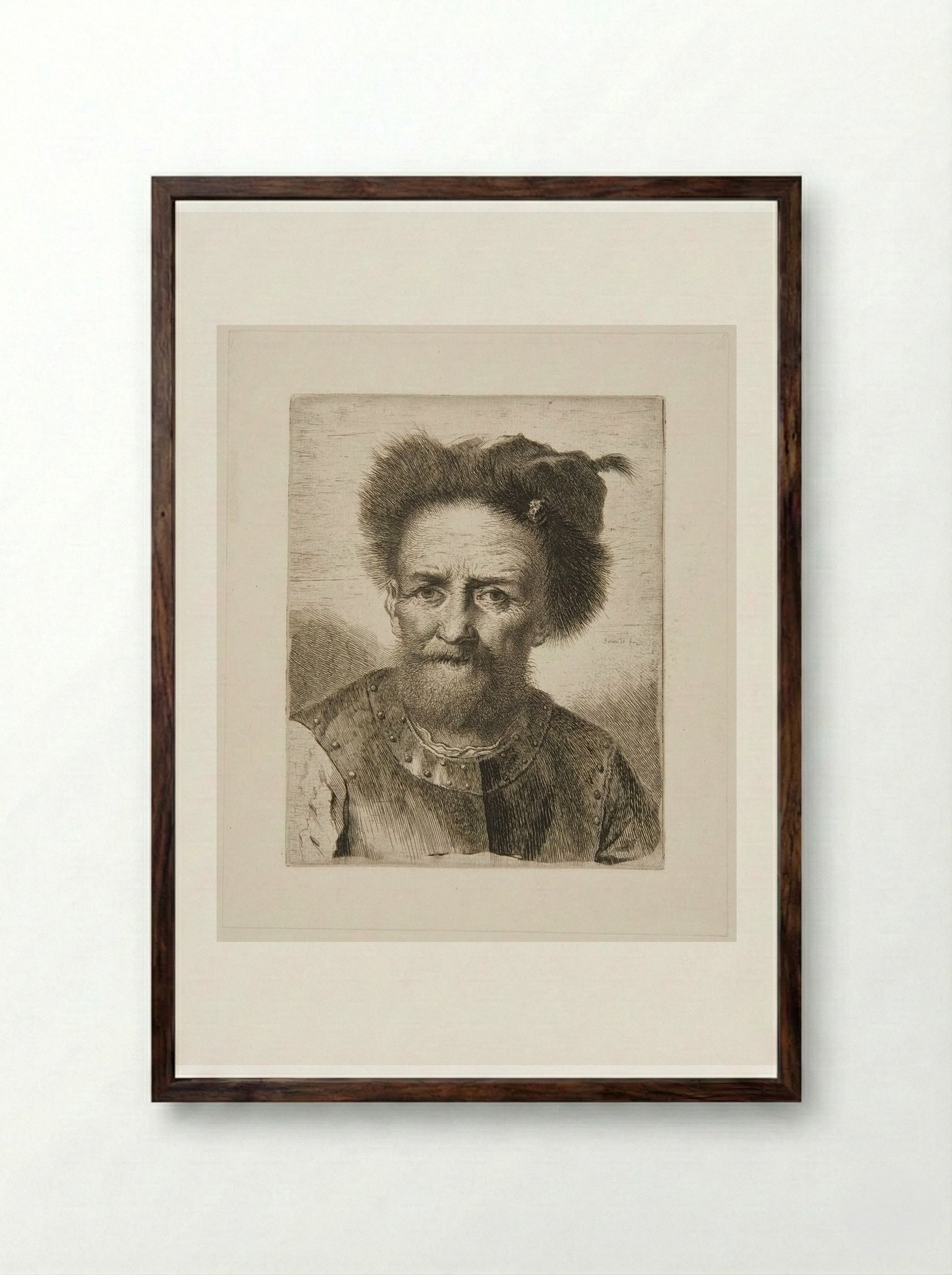 Old Bearded Man with Fur Cap and Breastplate - Georg Friedrich Schmidt - Framed Print Dark Wood
