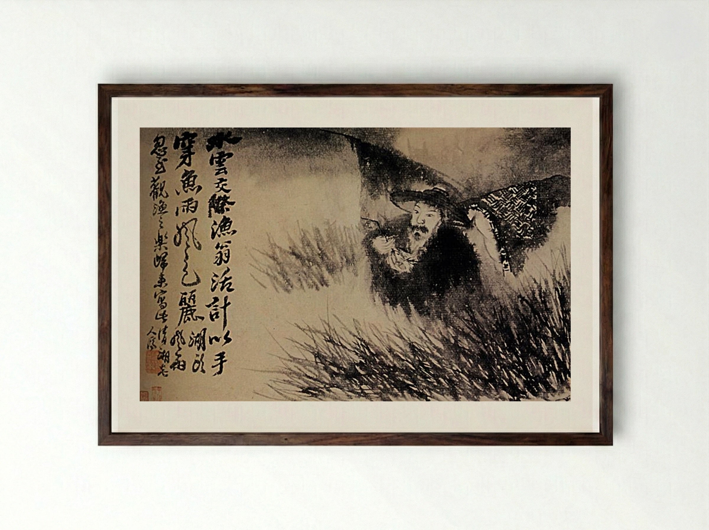 Old Fisherman in the Reeds - Shitao - Framed Print Dark Wood