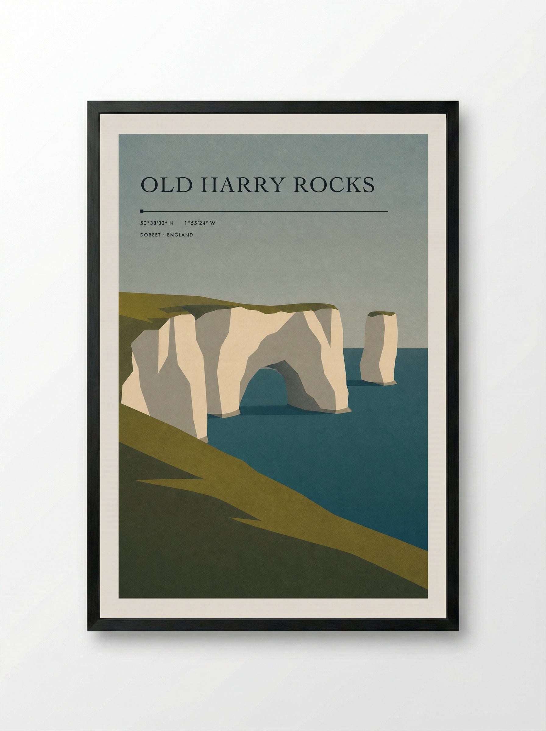 Old Harry Rocks Dorset Travel Poster - Framed Print Black
