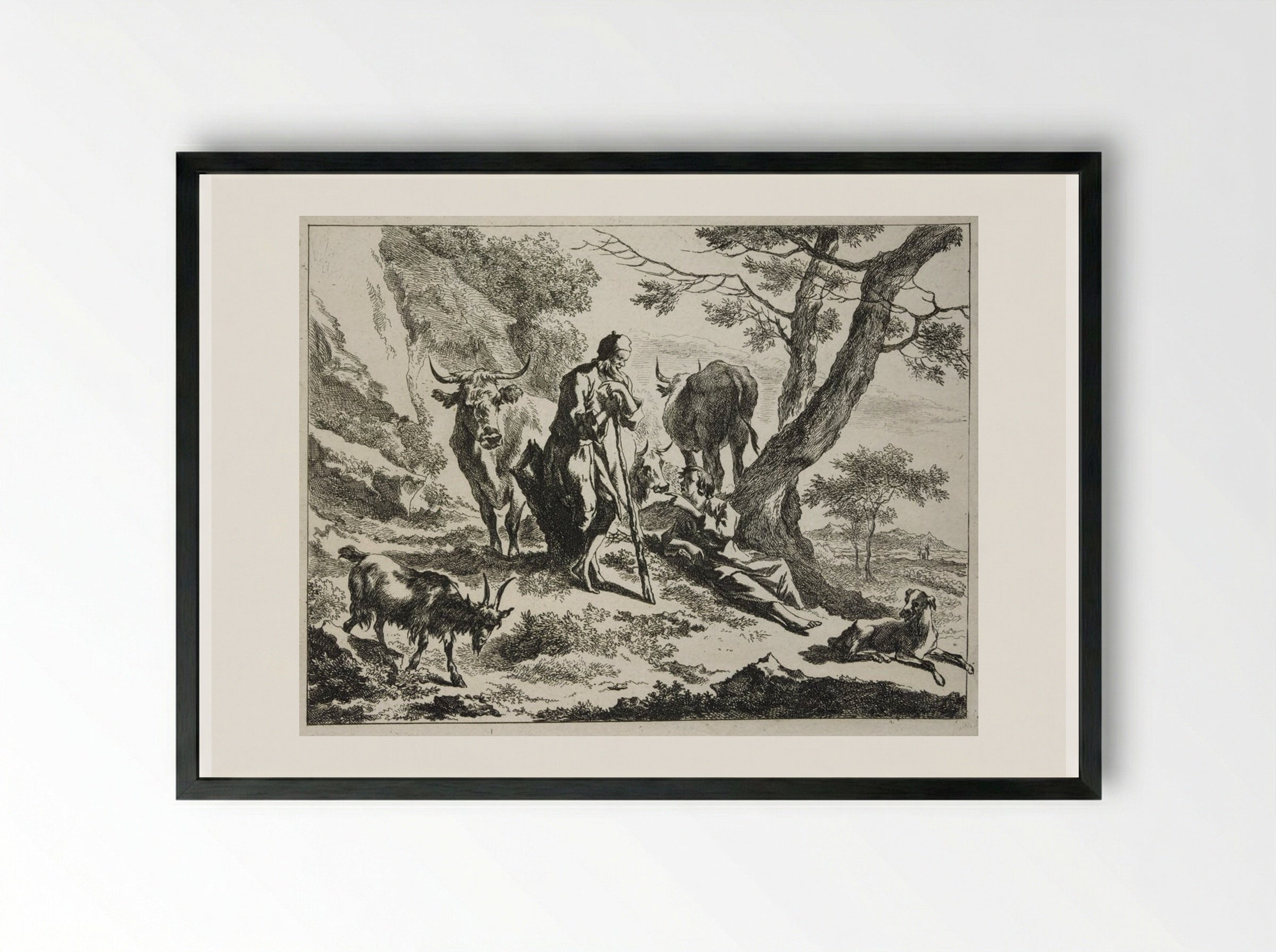 Old Herdsman Talking to a Reclining Young Herdsman - Johannes Visscher - Framed Print Black