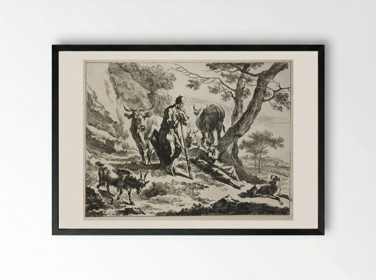 Old Herdsman Talking to a Reclining Young Herdsman - Johannes Visscher - Framed Print Black