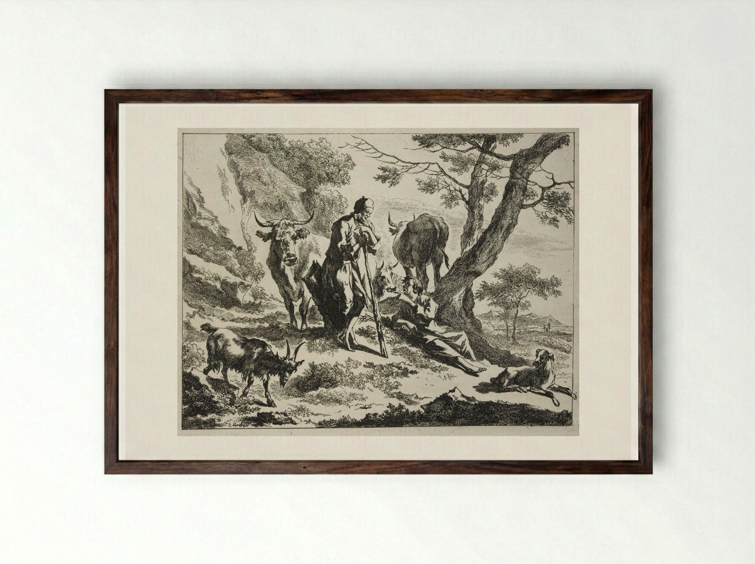 Old Herdsman Talking to a Reclining Young Herdsman - Johannes Visscher - Framed Print Dark Wood