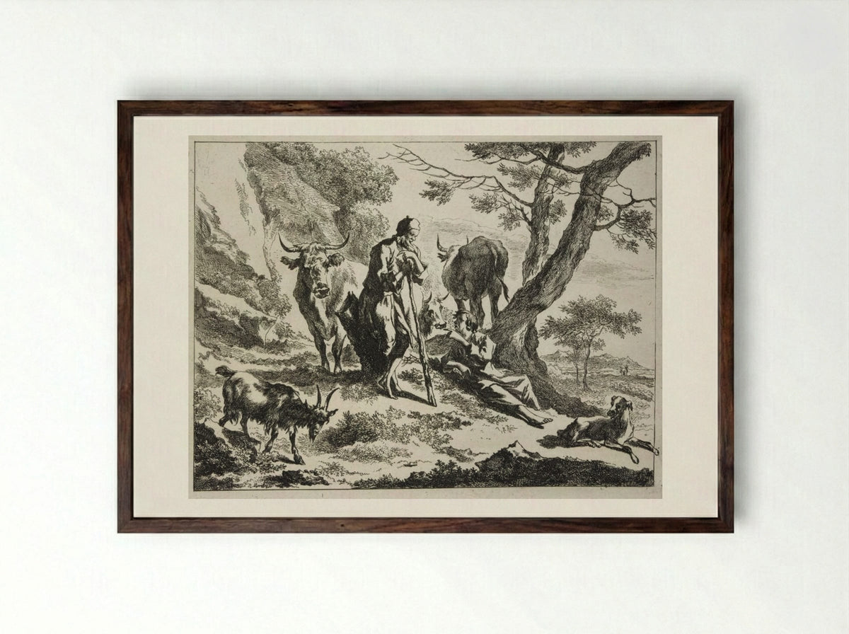 Old Herdsman Talking to a Reclining Young Herdsman - Johannes Visscher - Framed Print Dark Wood