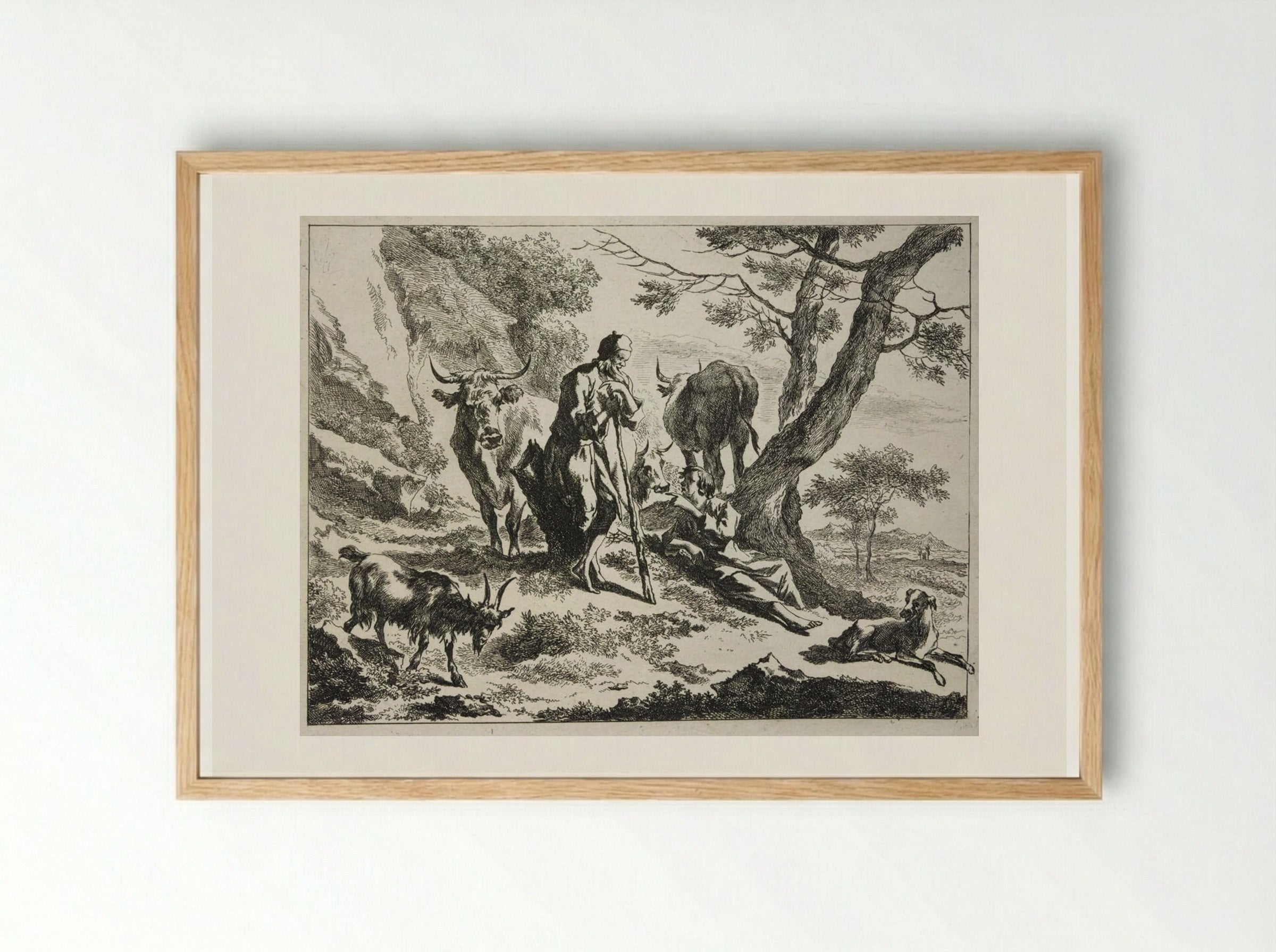 Old Herdsman Talking to a Reclining Young Herdsman - Johannes Visscher - Framed Print Wood