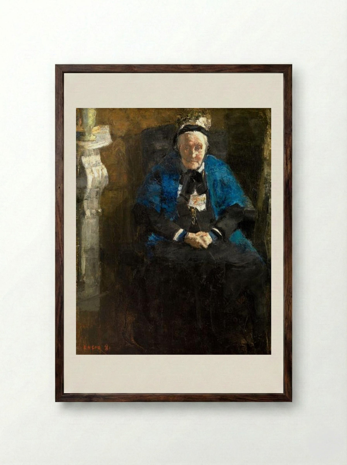 Old Lady with Blue Shawl (The Artist's Grandmother) - James Ensor - Framed Print Dark Wood