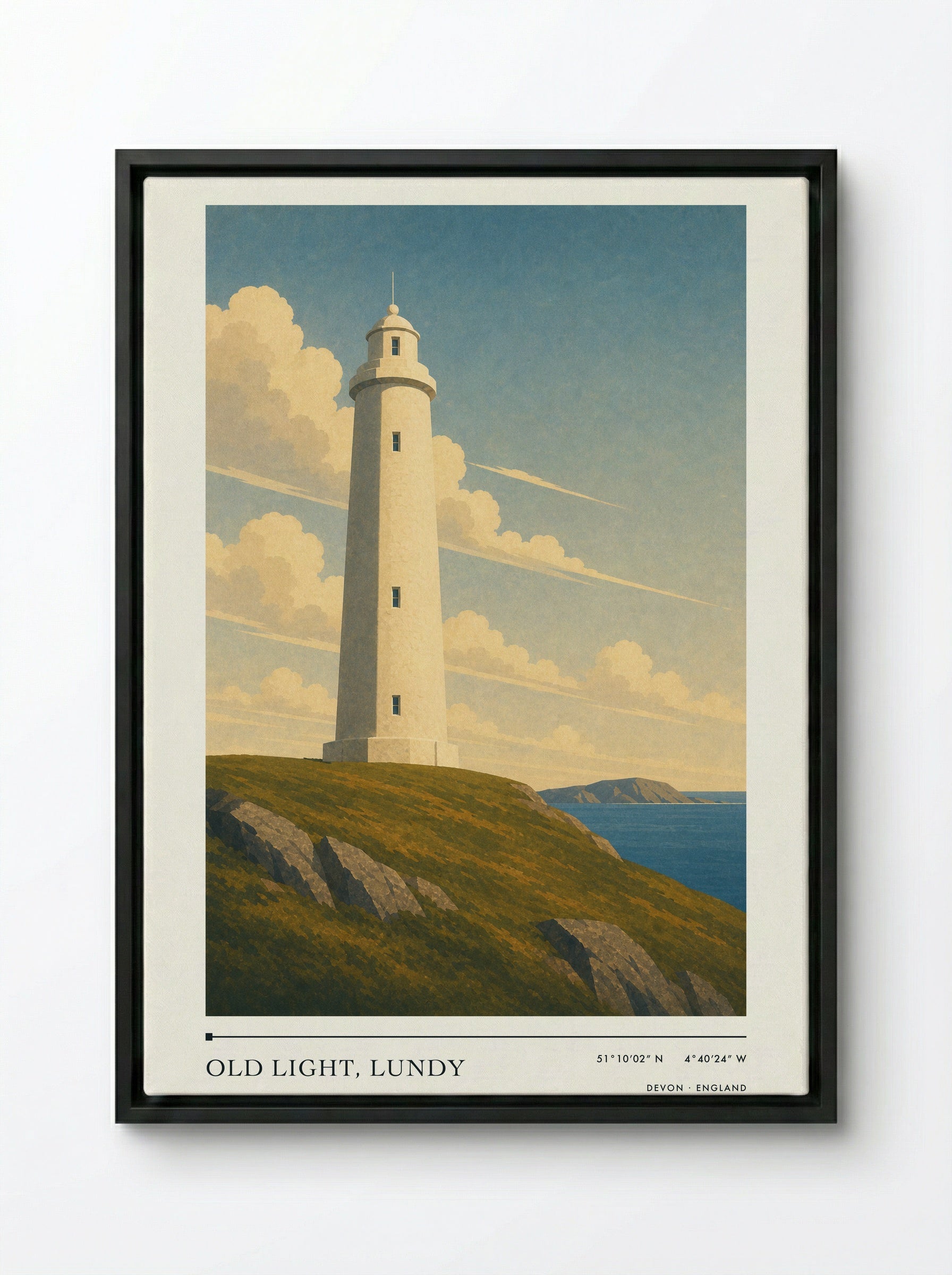 Old Light, Lundy Devon England Travel Poster - Framed Canvas Black