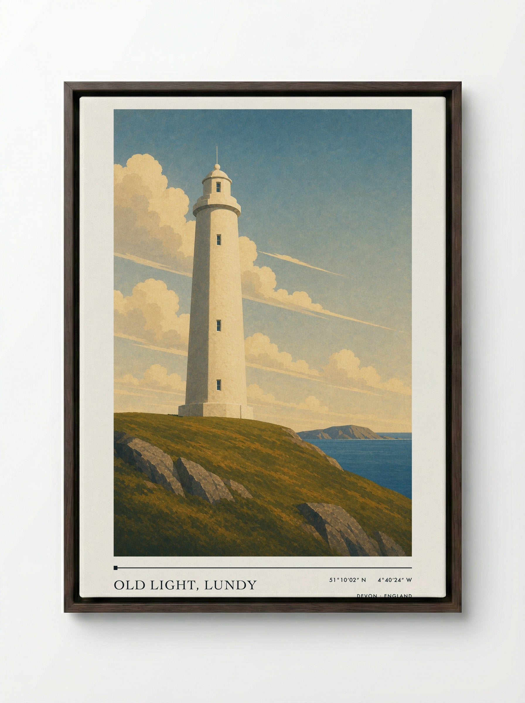 Old Light, Lundy Devon England Travel Poster - Framed Canvas Dark Wood