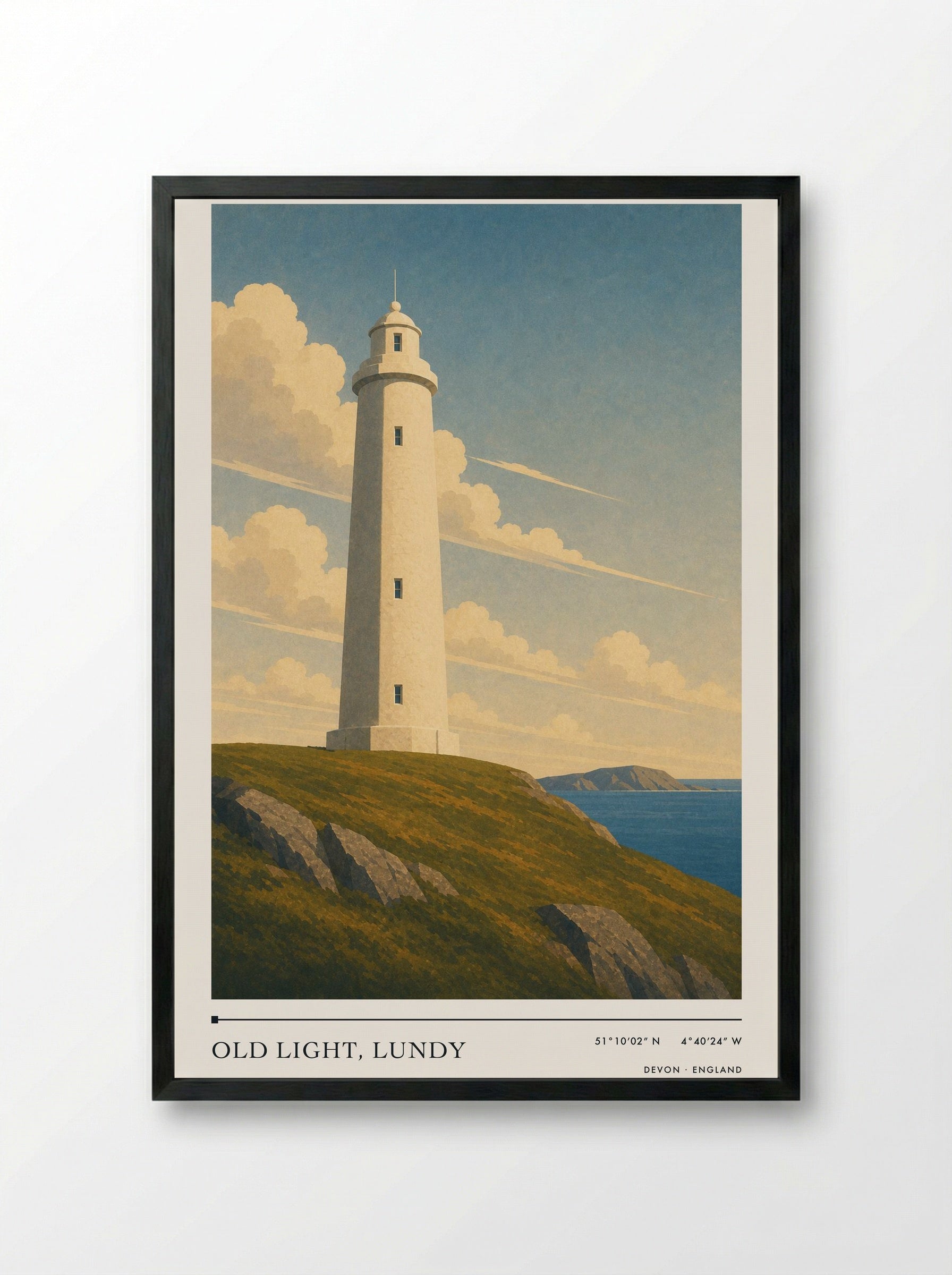 Old Light, Lundy Devon England Travel Poster - Framed Print Black