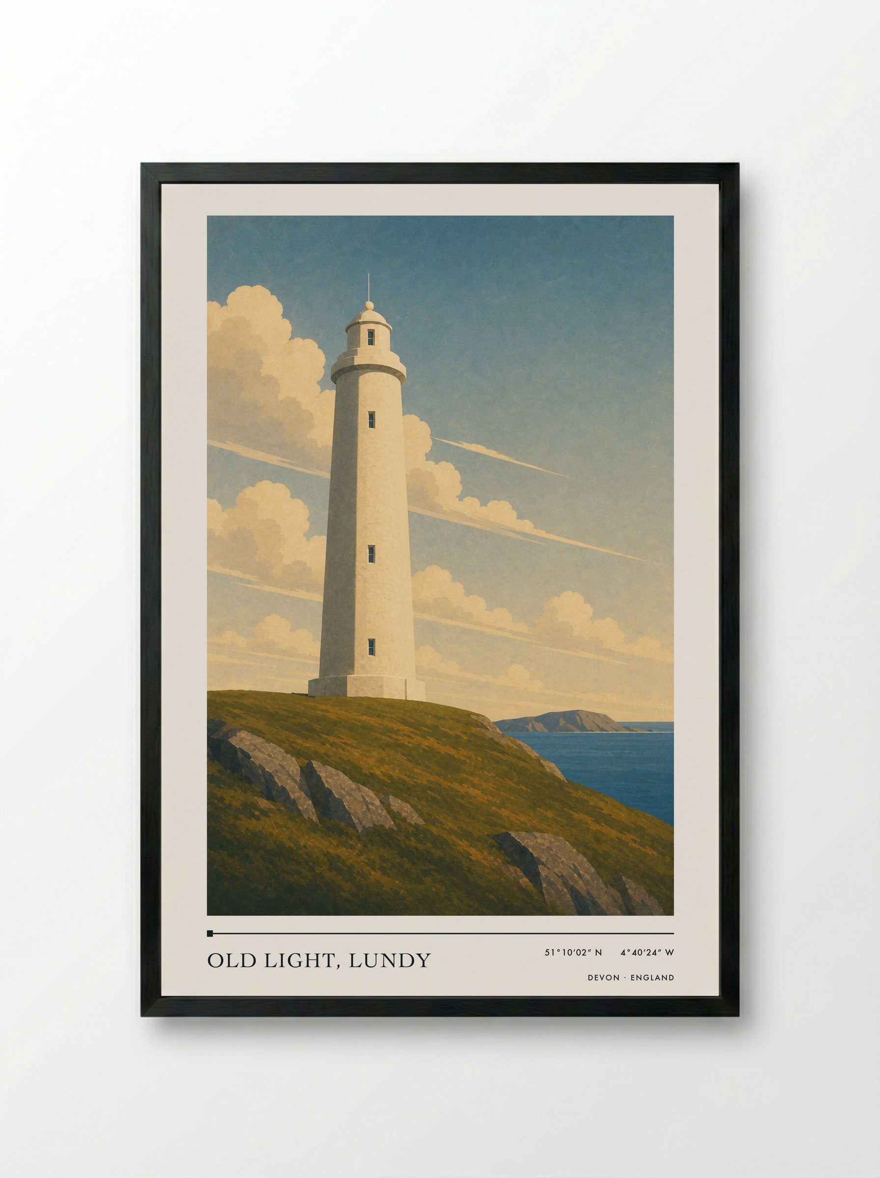 Old Light, Lundy Devon England Travel Poster - Framed Print Black