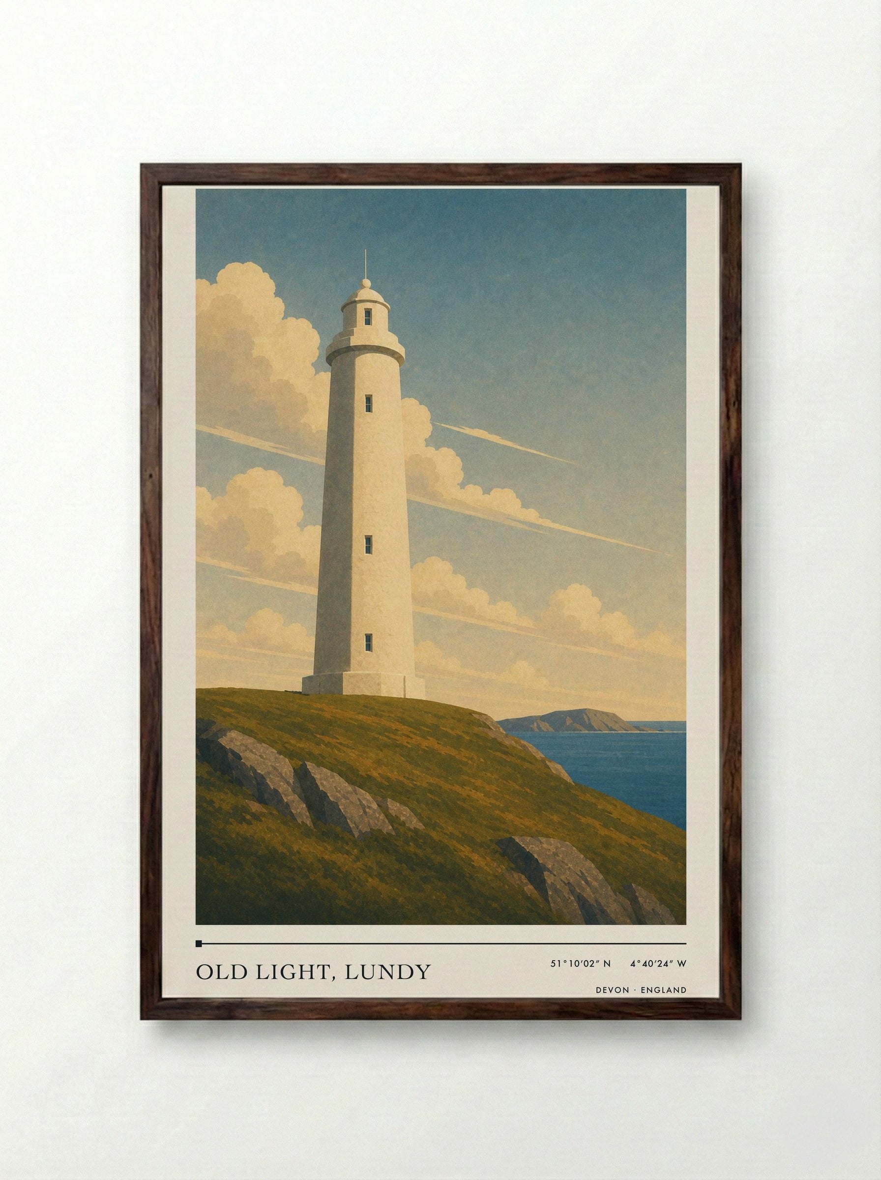 Old Light, Lundy Devon England Travel Poster - Framed Print Dark Wood
