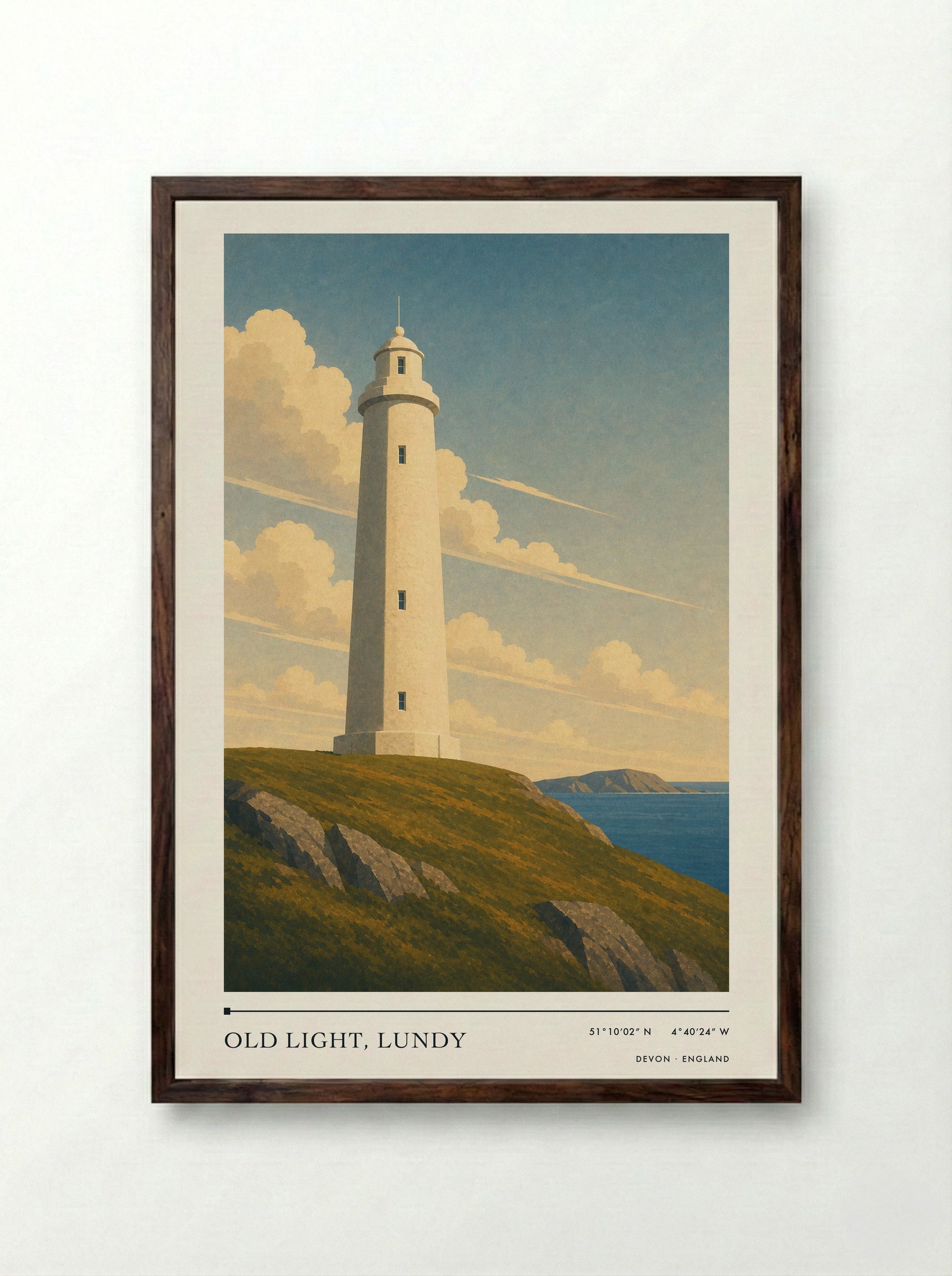 Old Light, Lundy Devon England Travel Poster - Framed Print Dark Wood