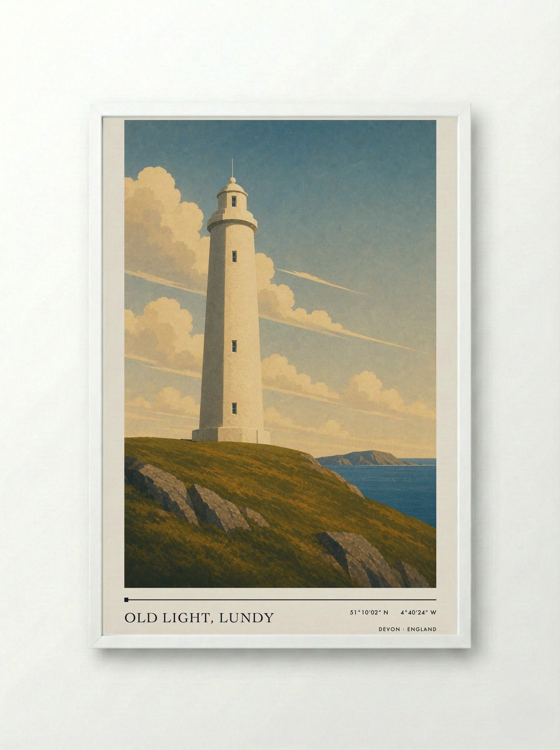 Old Light, Lundy Devon England Travel Poster - Framed Print White