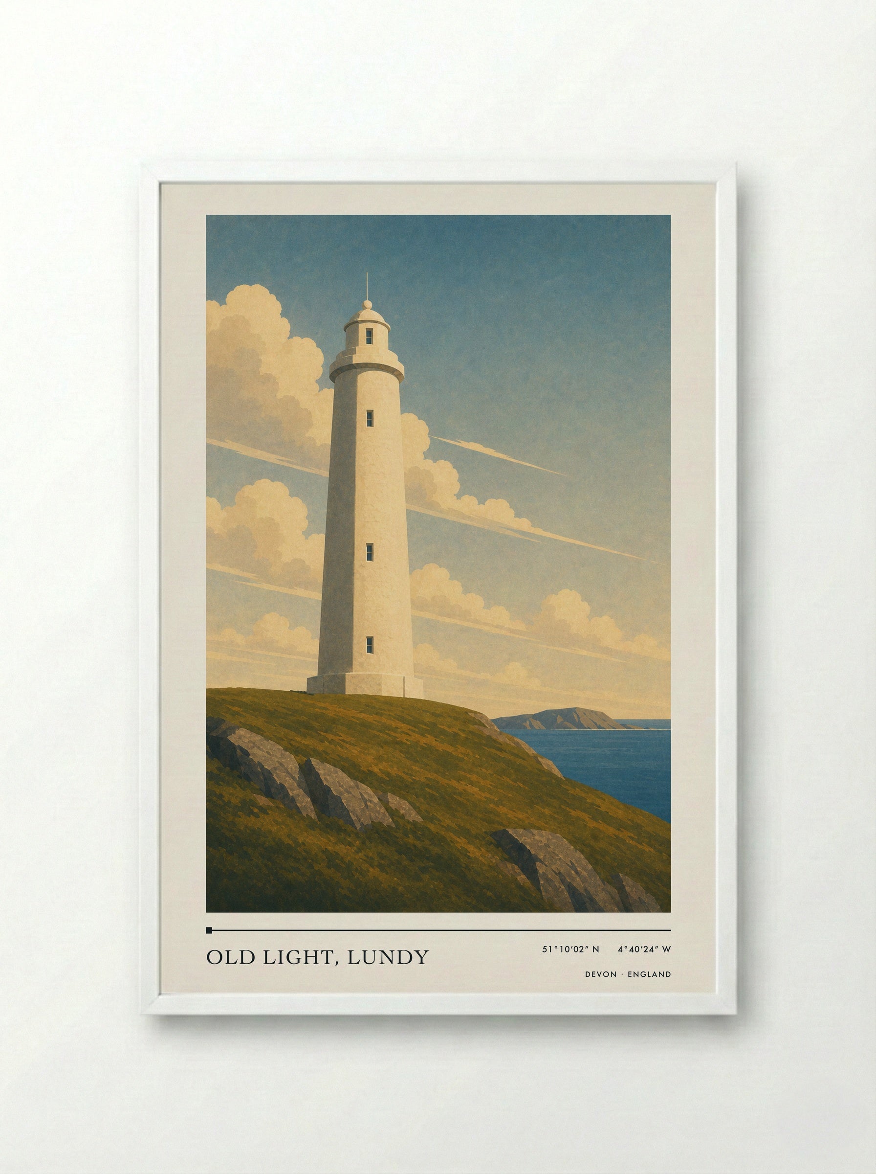 Old Light, Lundy Devon England Travel Poster - Framed Print White