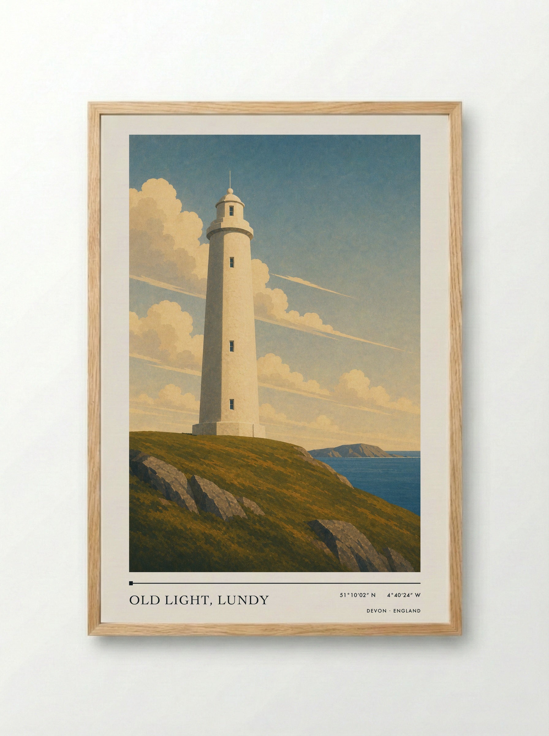 Old Light, Lundy Devon England Travel Poster - Framed Print Wood