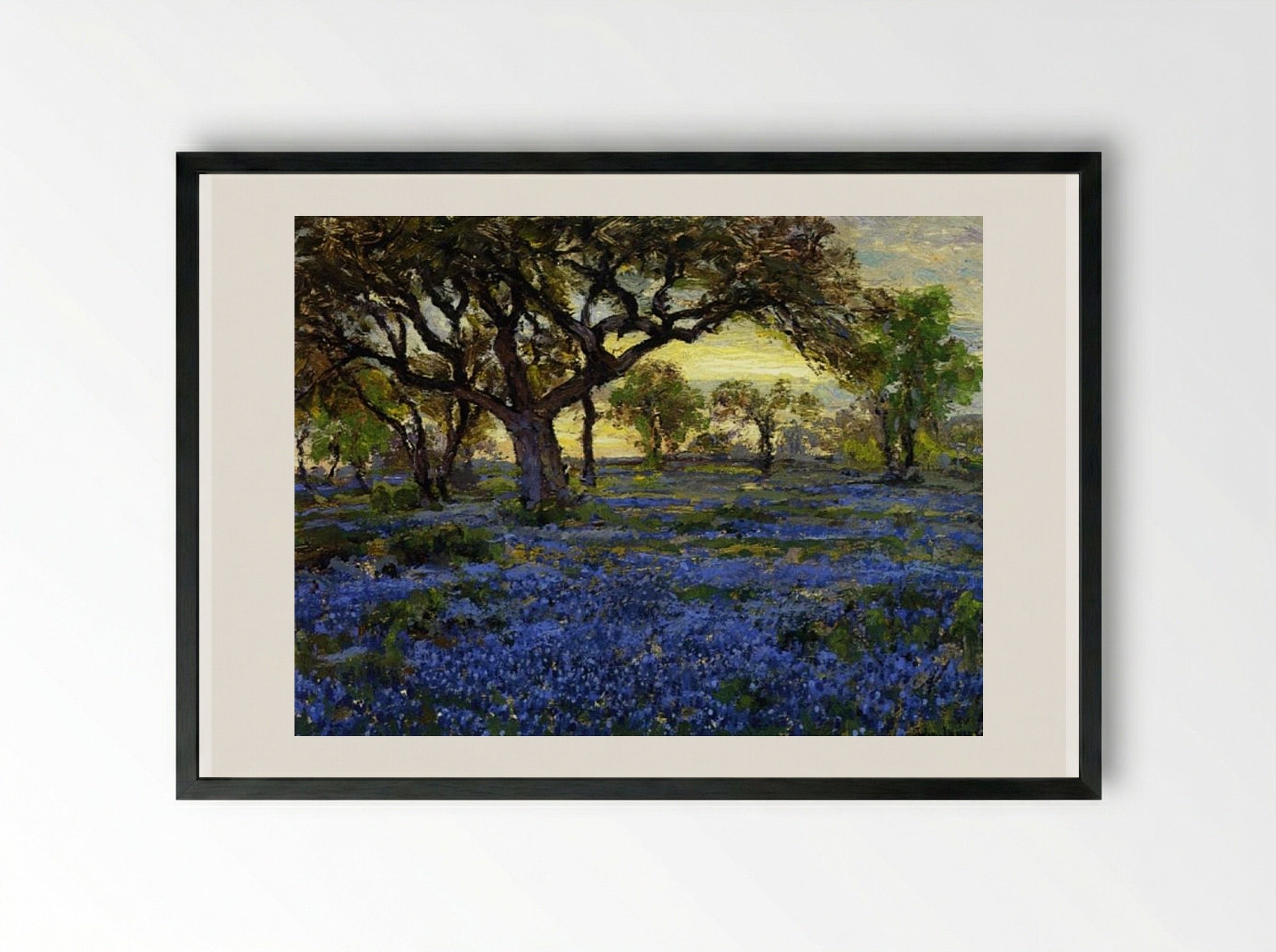 Old Live Oak Tree and Bluebonnets on the West Texas Military Grounds, San Antonio - Robert Julian Onderdonk - Framed Print Black