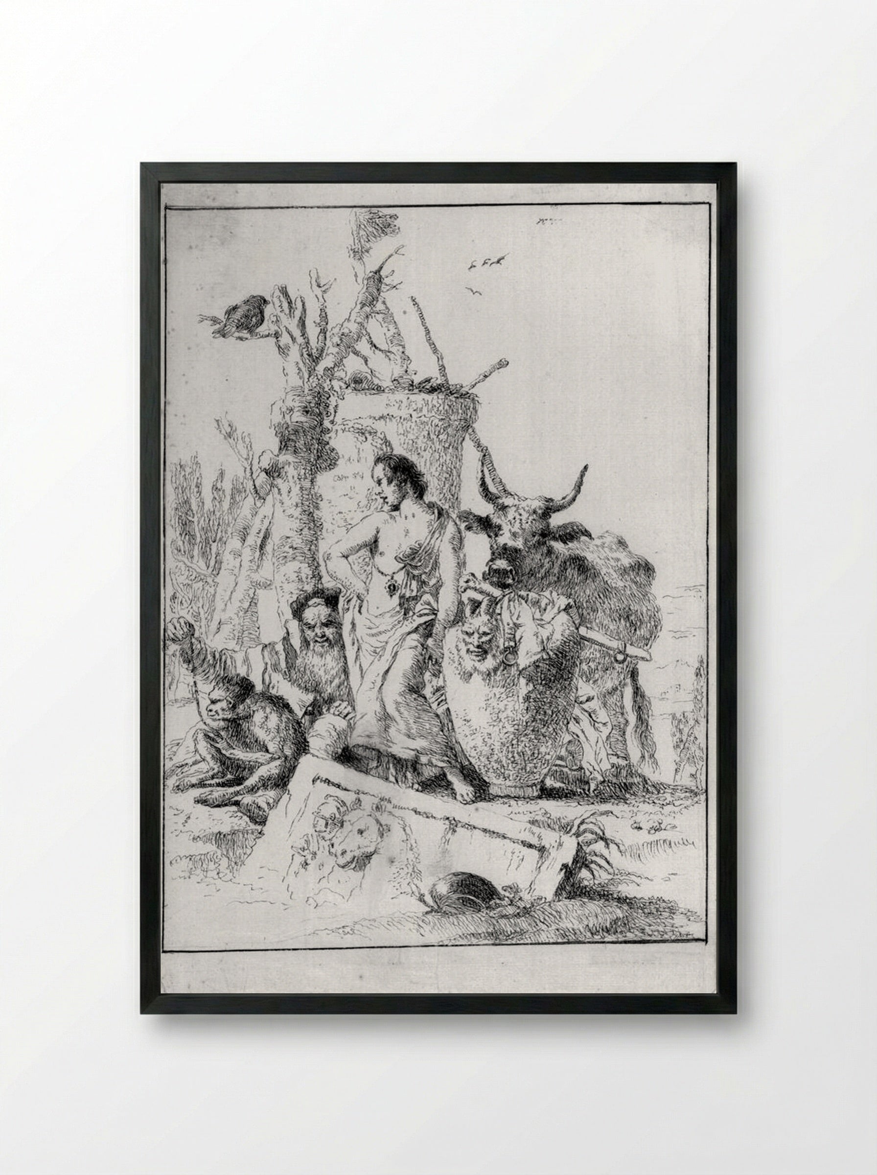 Old Man Holding a Monkey on a Leash - Giovanni Battista Tiepolo - Framed Print Black