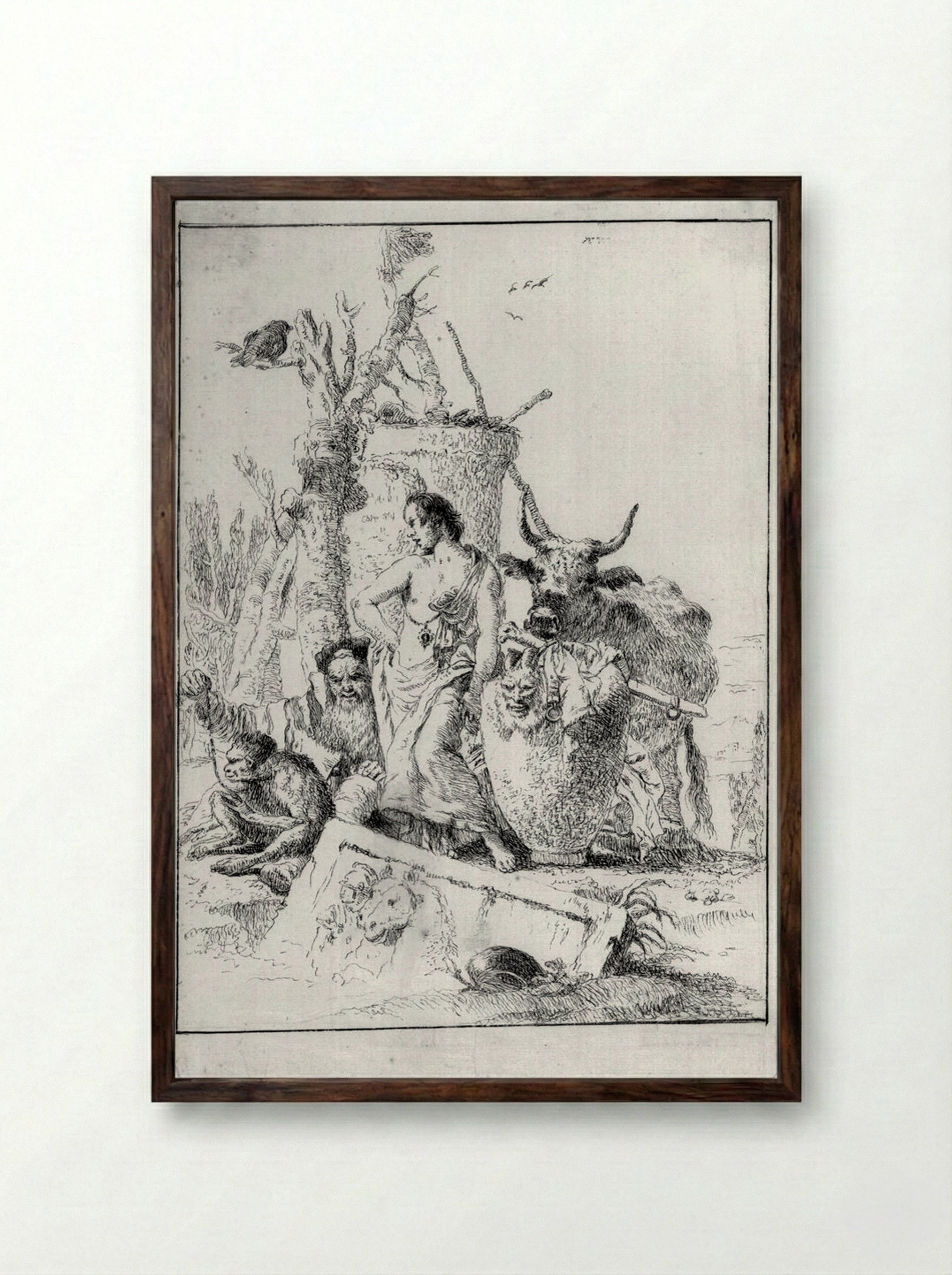 Old Man Holding a Monkey on a Leash - Giovanni Battista Tiepolo - Framed Print Dark Wood