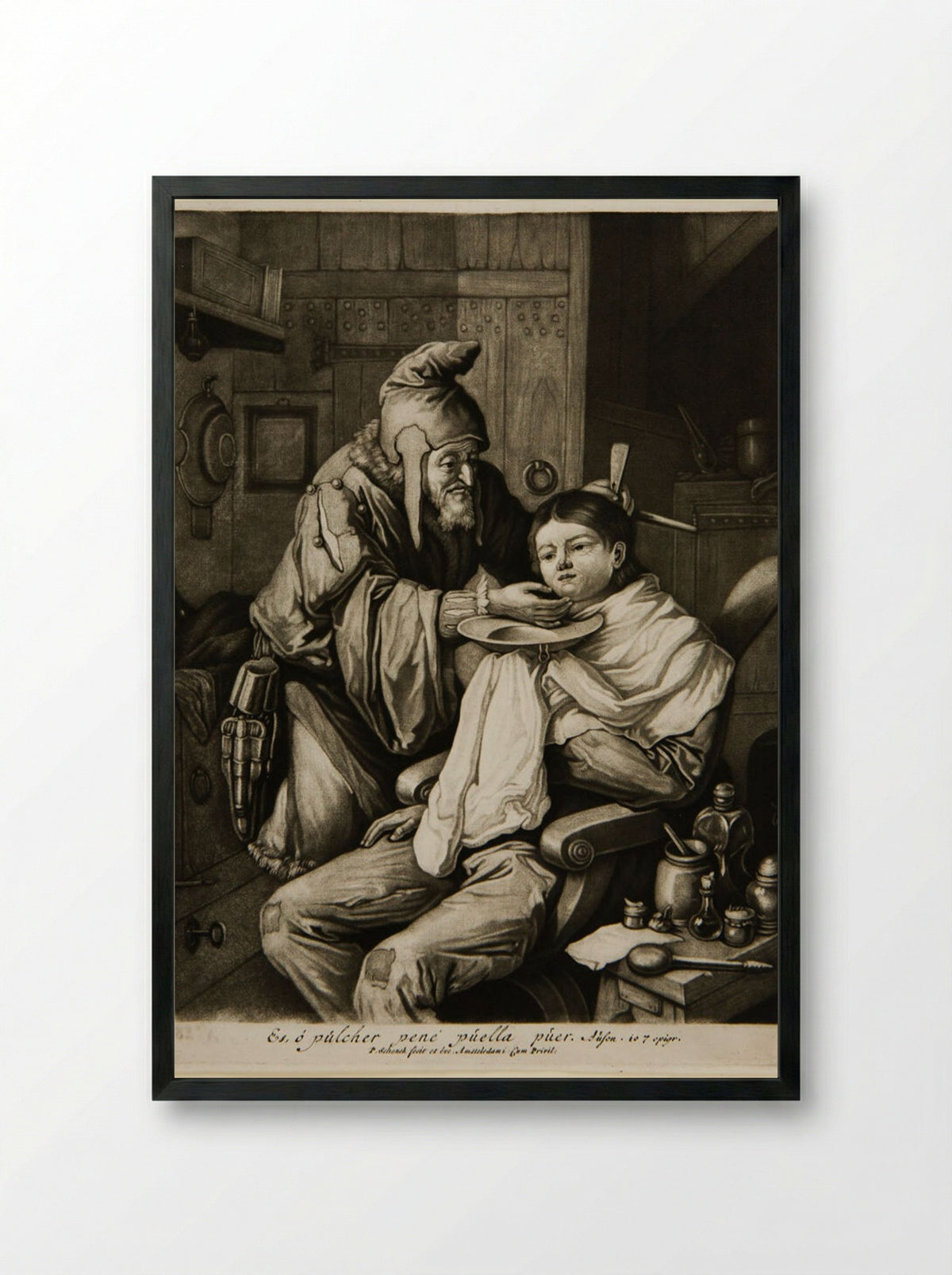 Old Man Shaving a Seated Boy - Pieter Schenck - Framed Print Black