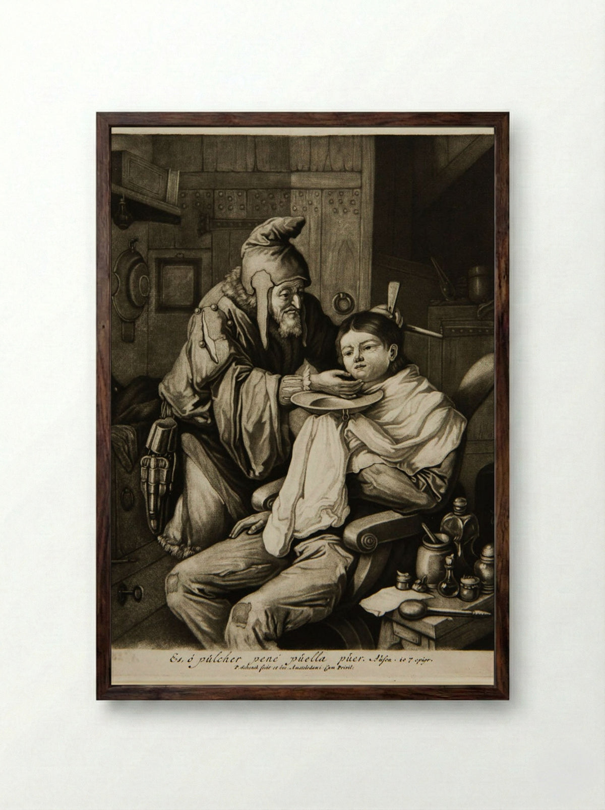 Old Man Shaving a Seated Boy - Pieter Schenck - Framed Print Dark Wood