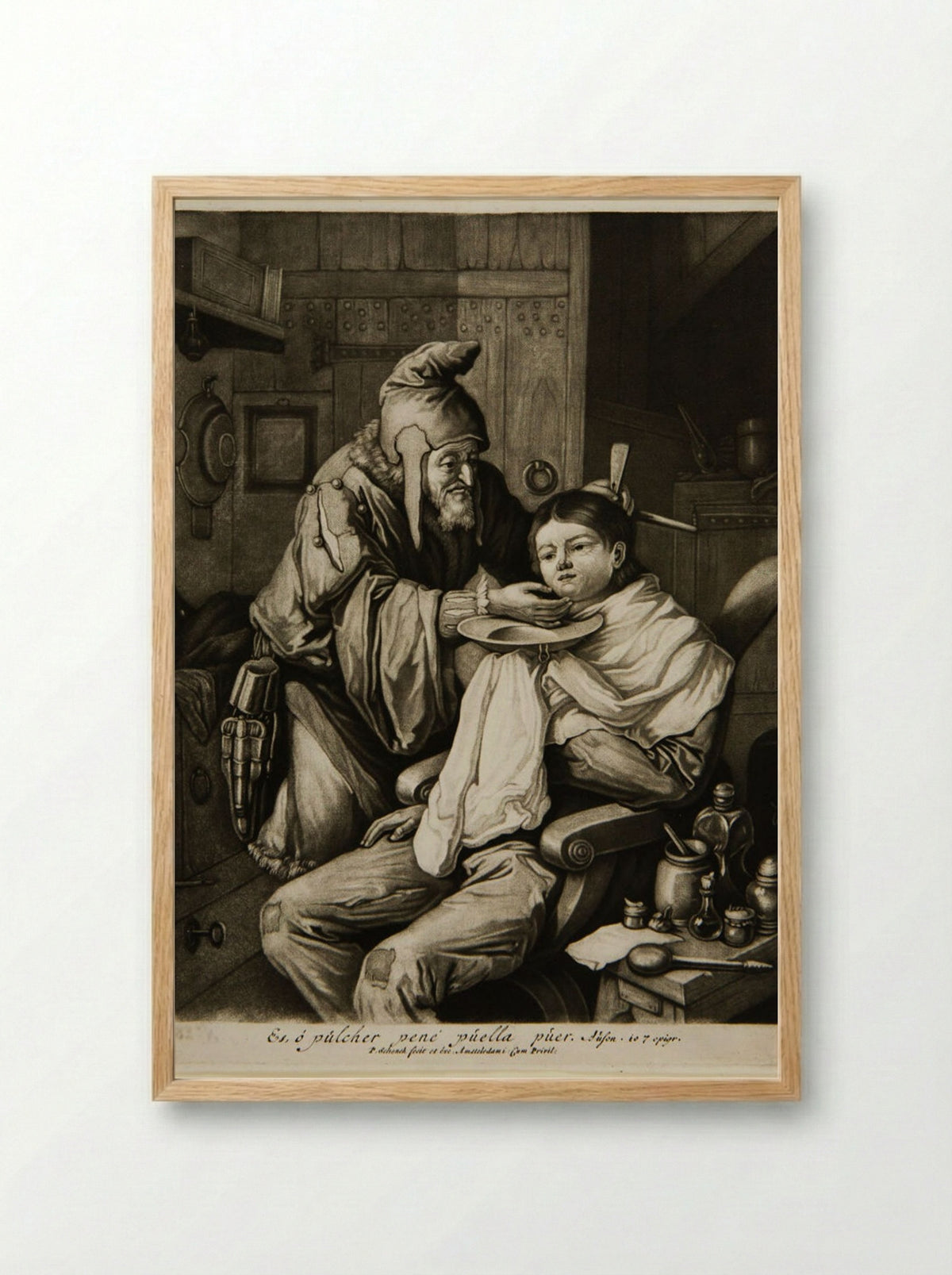 Old Man Shaving a Seated Boy - Pieter Schenck - Framed Print Wood