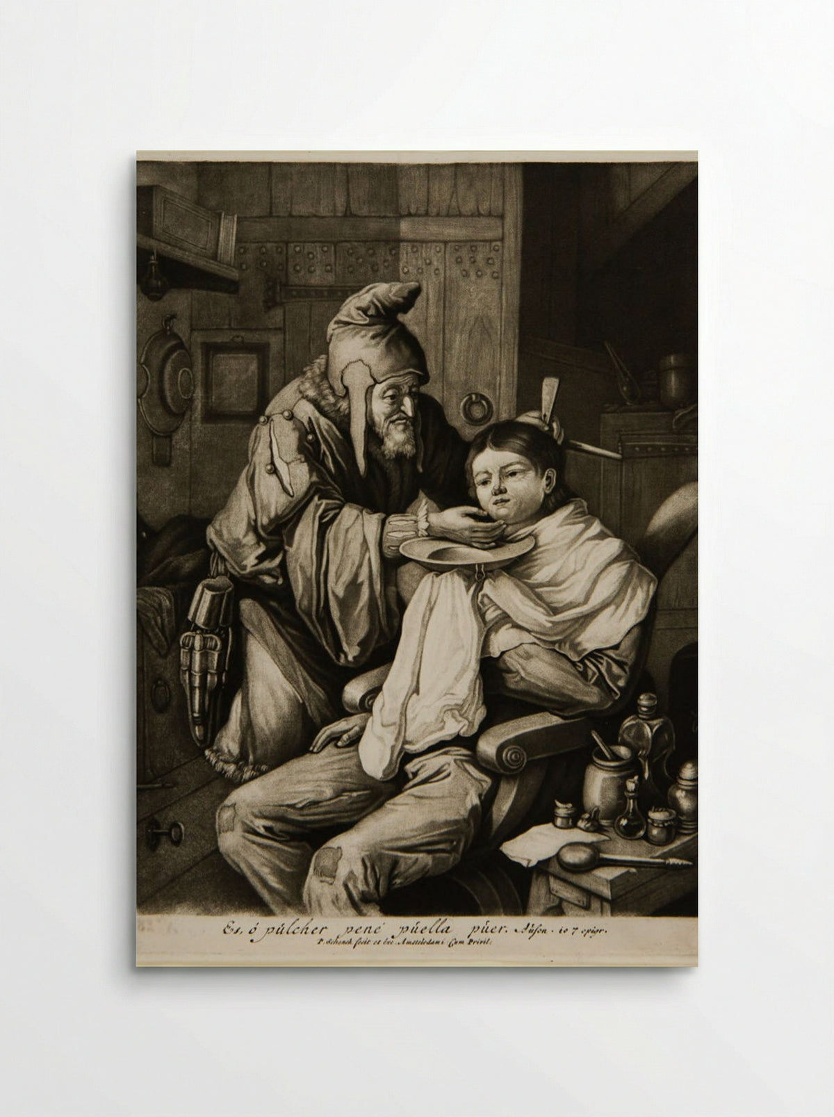 Old Man Shaving a Seated Boy - Pieter Schenck - Poster