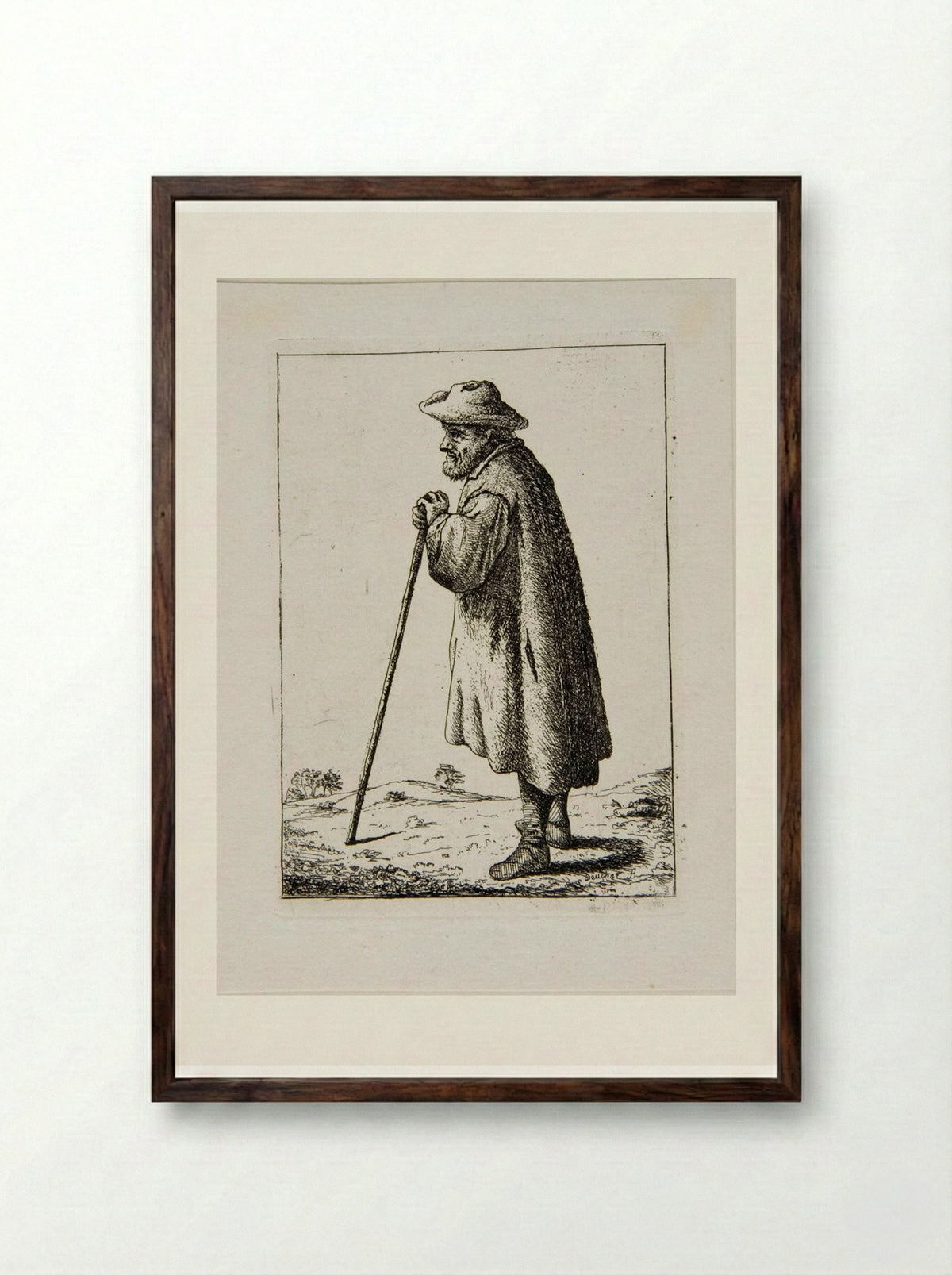 Old Man Standing Leaning on a Staff, profile left - David Deuchar - Framed Print Dark Wood