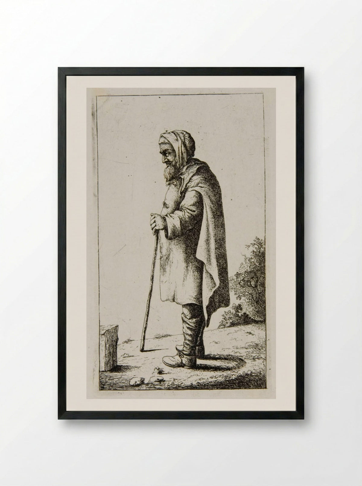 Old Man Standing, Leaning on a Stick, profile left - David Deuchar - Framed Print Black