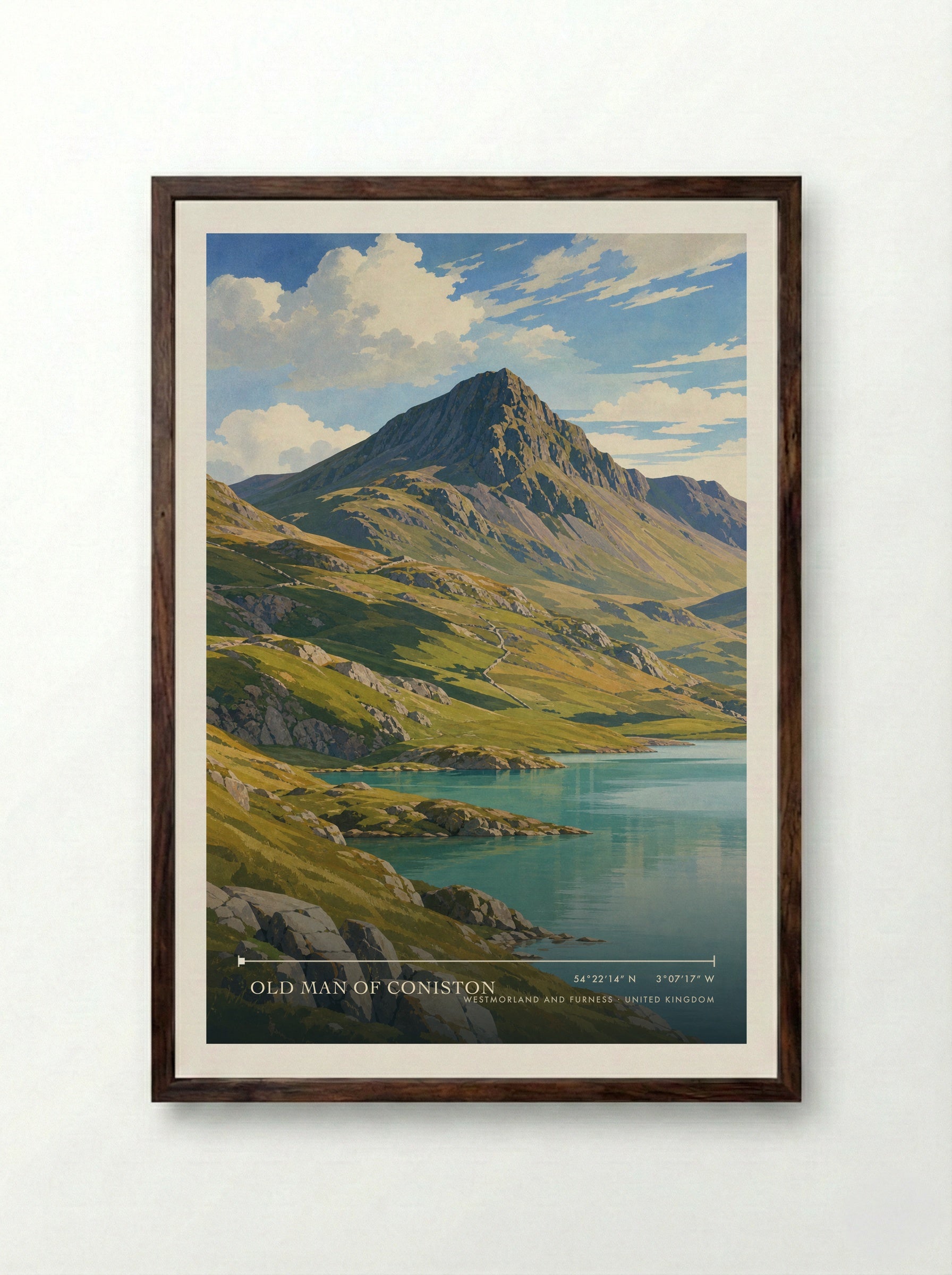 Old Man of Coniston Westmorland and Furness United Kingdom Travel Poster - Framed Print Dark Wood