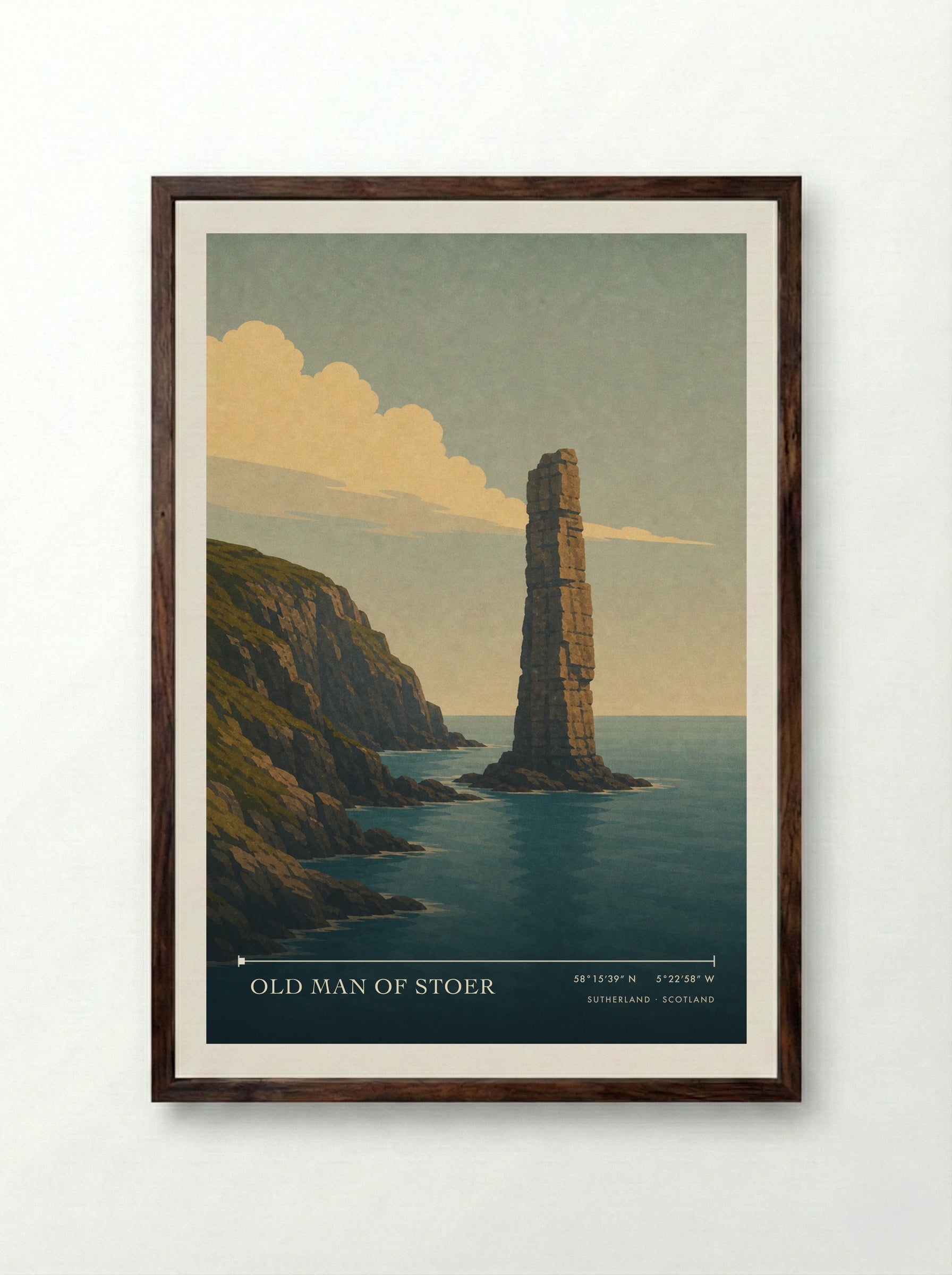 Old Man of Stoer Travel Poster Artwork - Framed Print Dark Wood