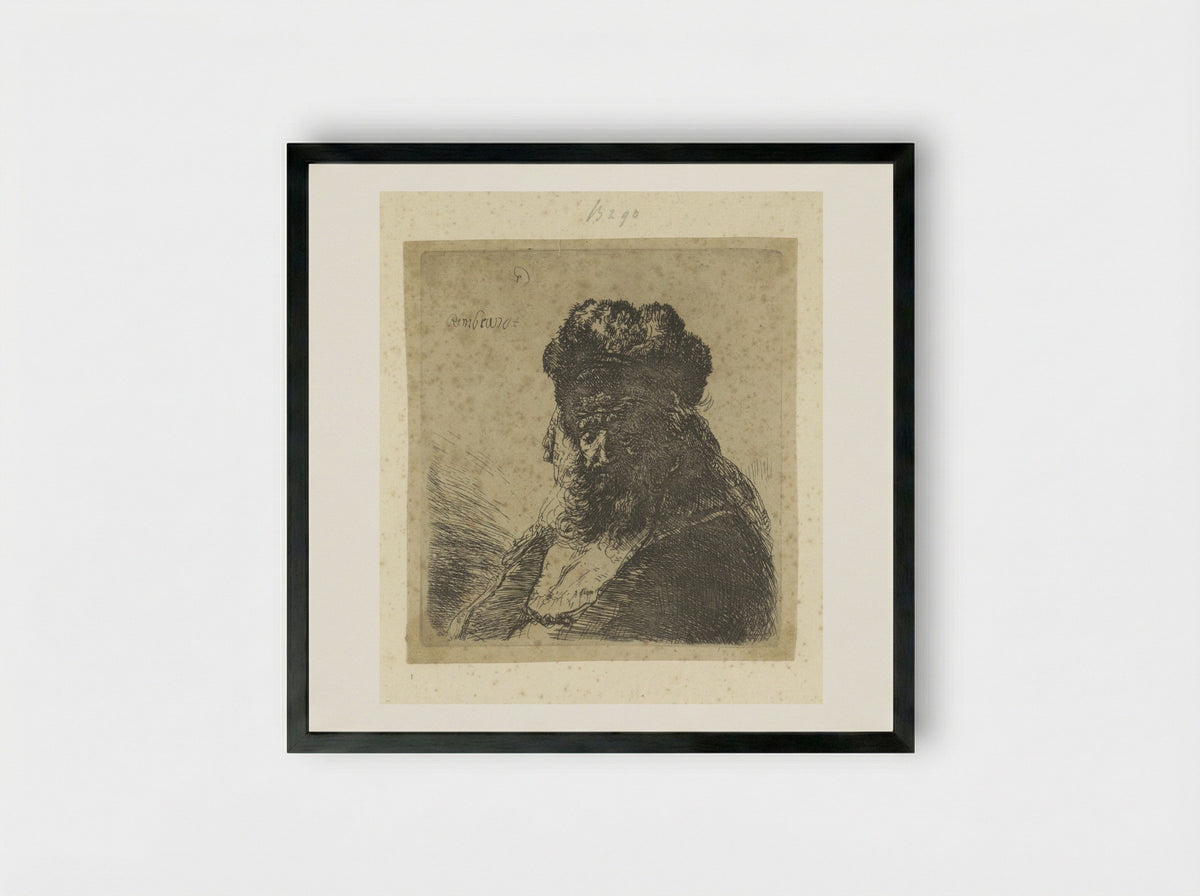 Old Man with a Beard and Fur Cap - Rembrandt van Rijn - Framed Print Black