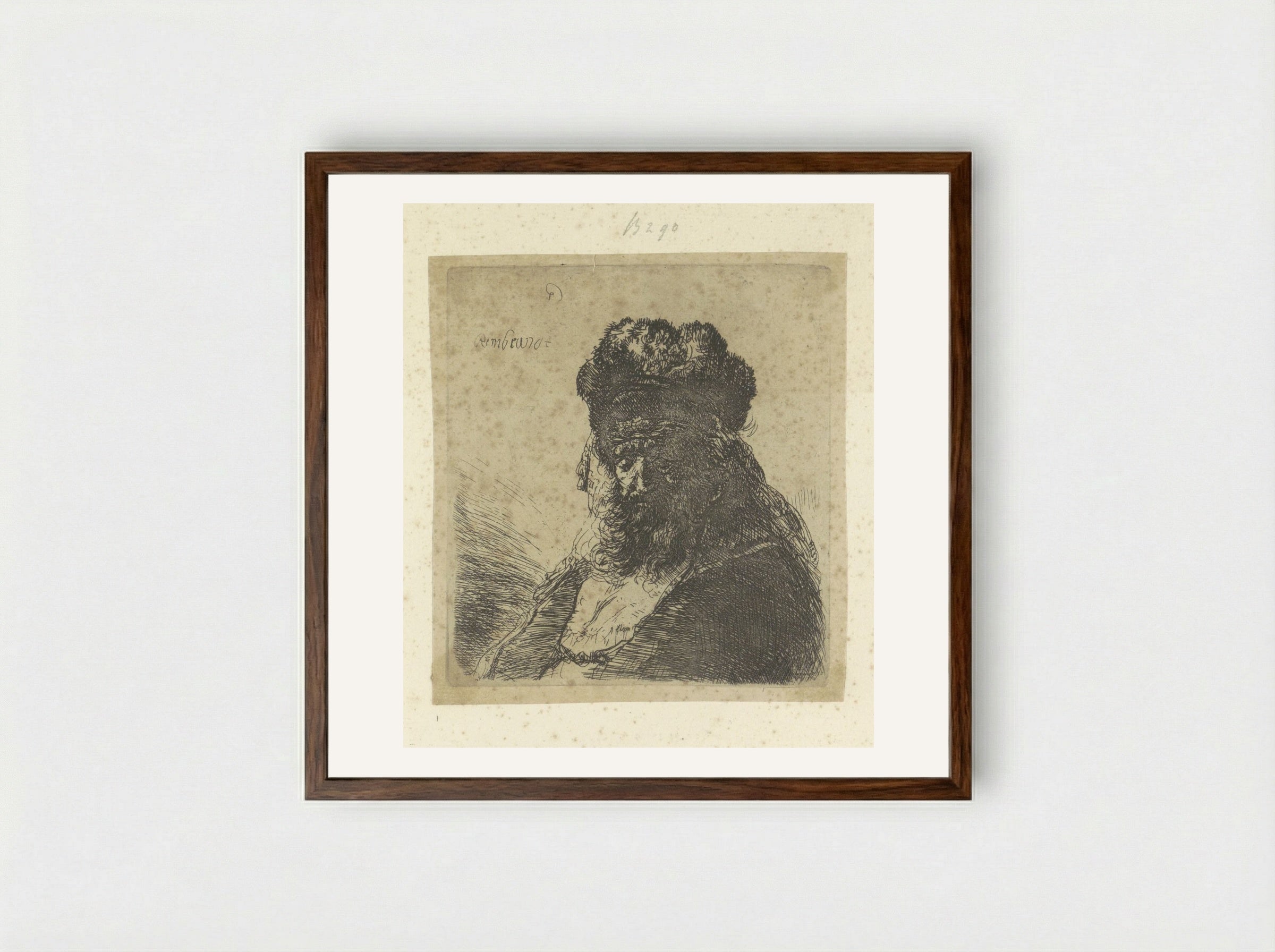 Old Man with a Beard and Fur Cap - Rembrandt van Rijn - Framed Print Dark Wood