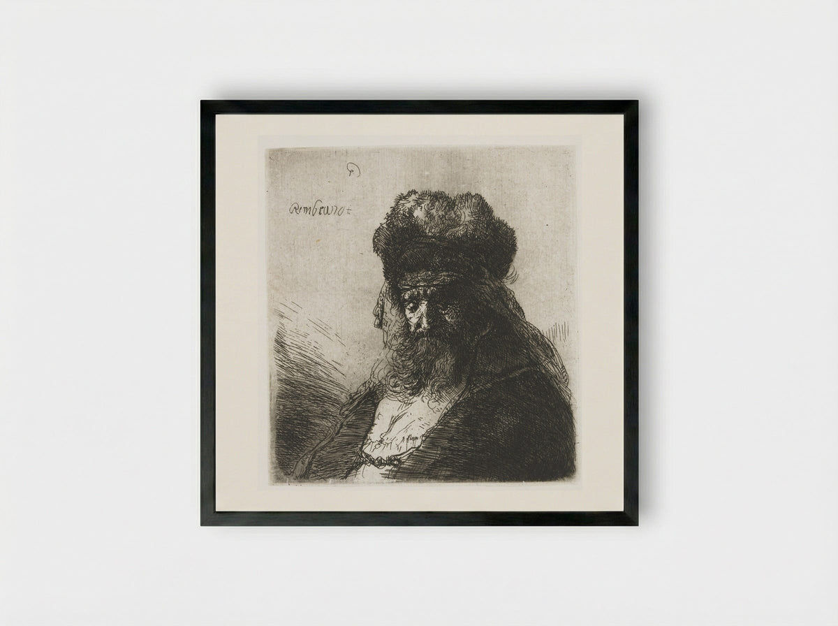 Old Man with a Fur Cap - Rembrandt van Rijn - Framed Print Black