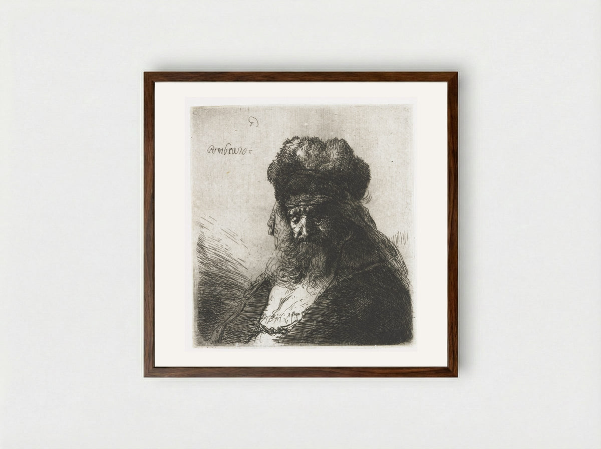 Old Man with a Fur Cap - Rembrandt van Rijn - Framed Print Dark Wood