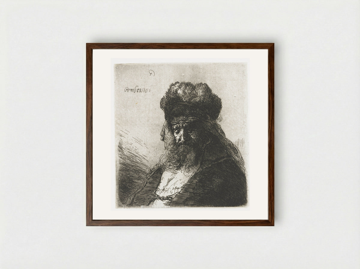 Old Man with a Fur Cap - Rembrandt van Rijn - Framed Print Dark Wood