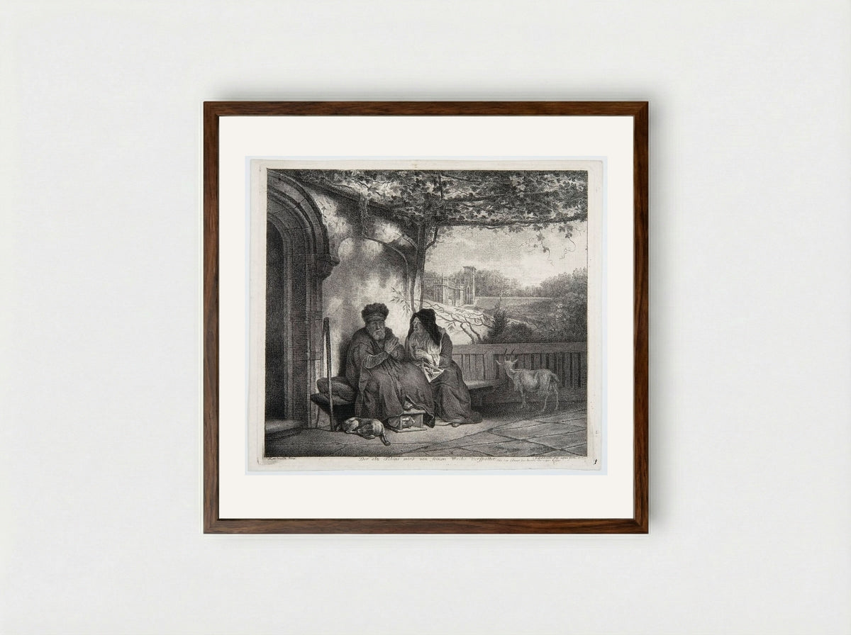 Old Tobias Mocked by His Wife - Georg Friedrich Schmidt - Framed Print Dark Wood