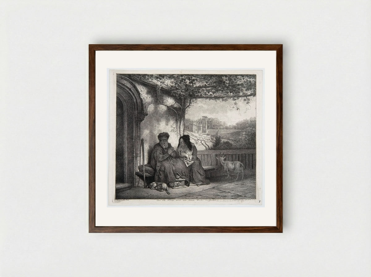 Old Tobias Mocked by His Wife - Georg Friedrich Schmidt - Framed Print Dark Wood