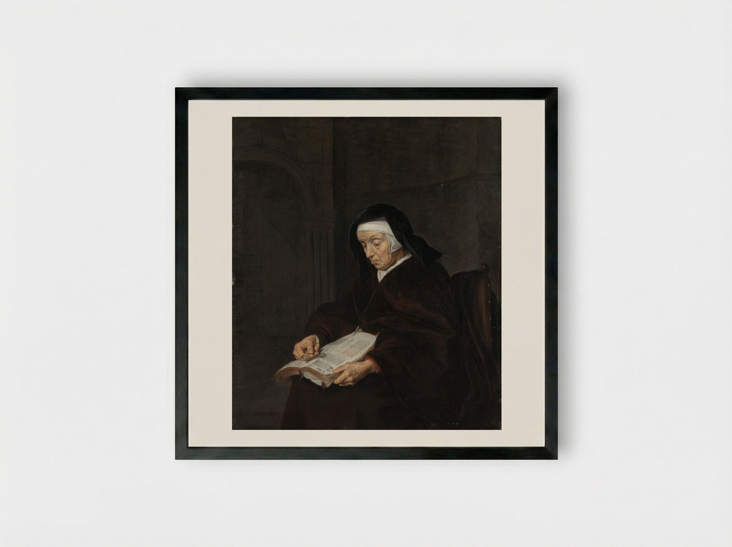 Old Woman Meditating - Gabriël Metsu - Framed Print Black