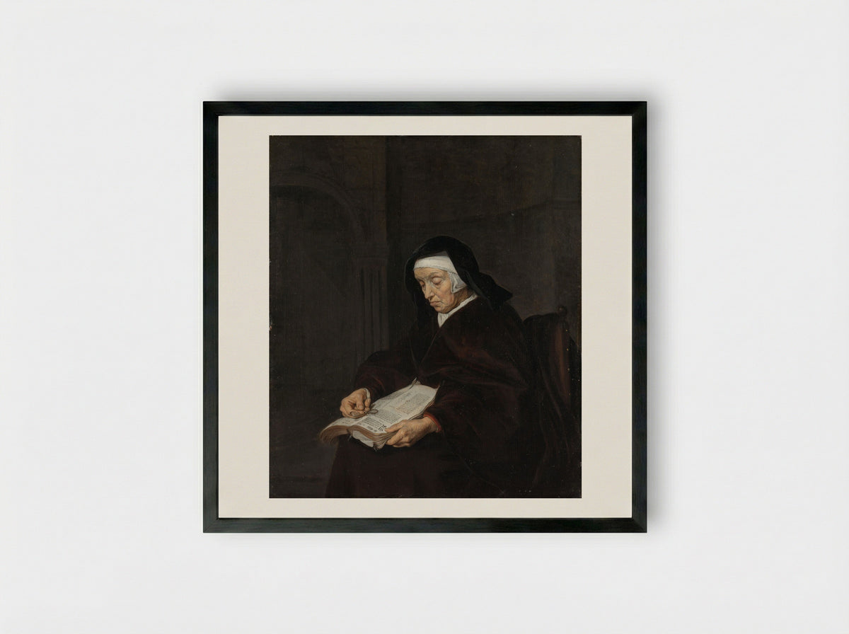 Old Woman Meditating - Gabriël Metsu - Framed Print Black