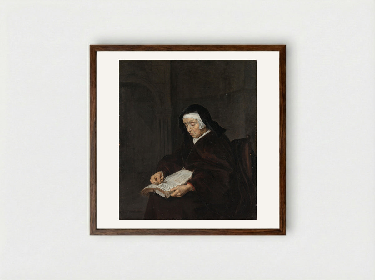 Old Woman Meditating - Gabriël Metsu - Framed Print Dark Wood