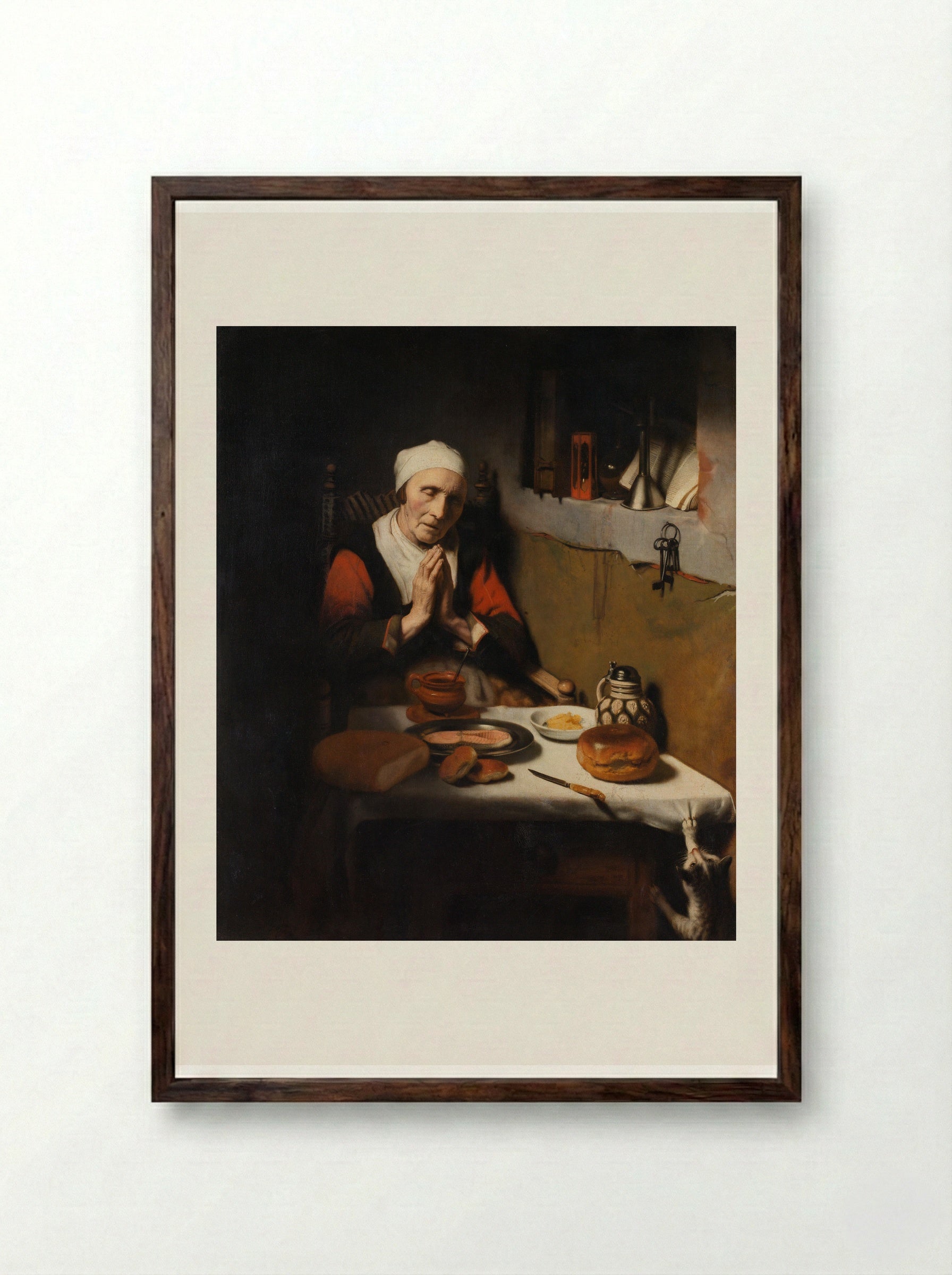 Old Woman Saying Grace, Known as ‘The Prayer without End’ - Nicolaes Maes - Framed Print Dark Wood