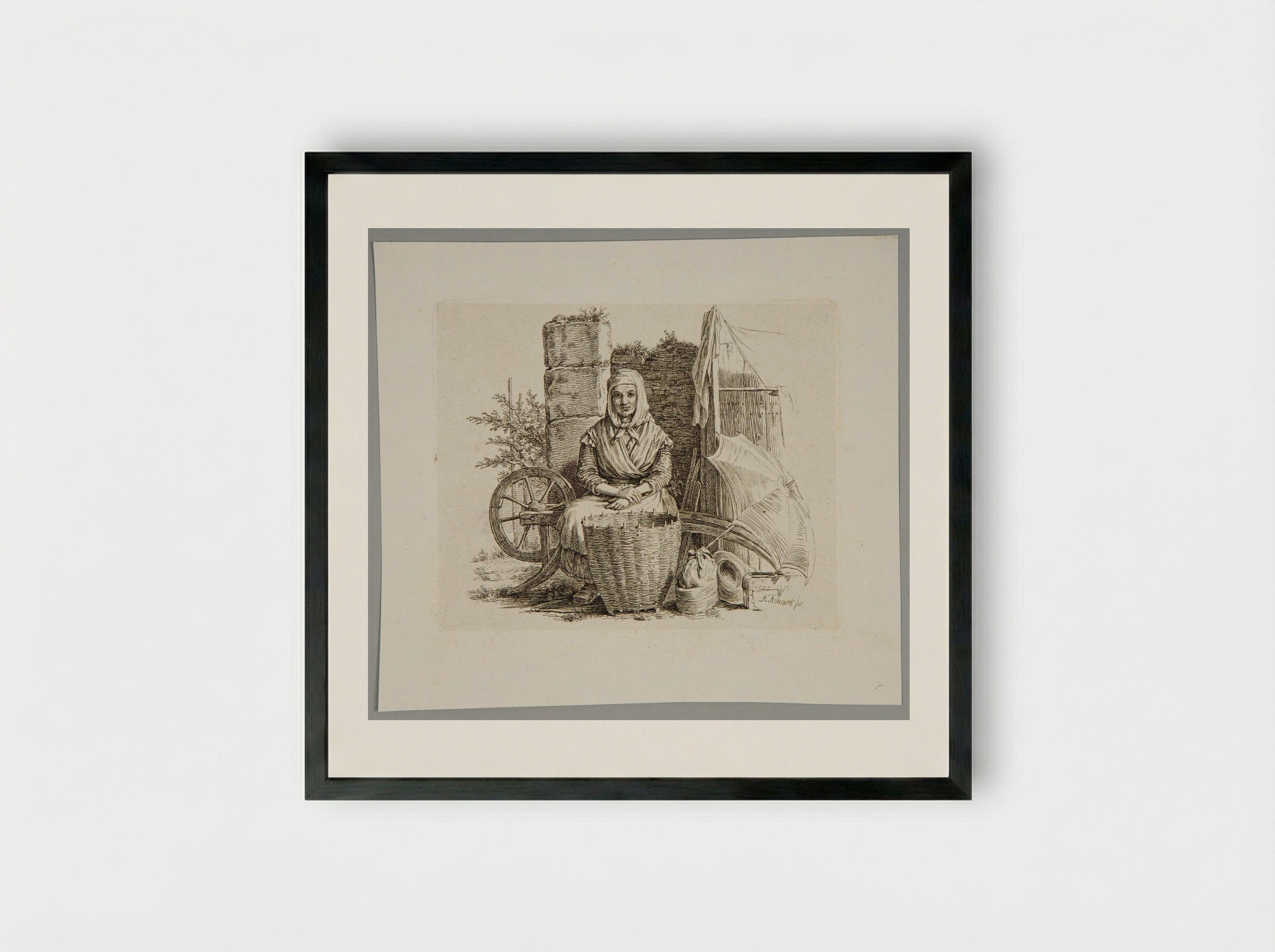 Old Woman Seated, with a Basket - Adolf Hohneck - Framed Print Black
