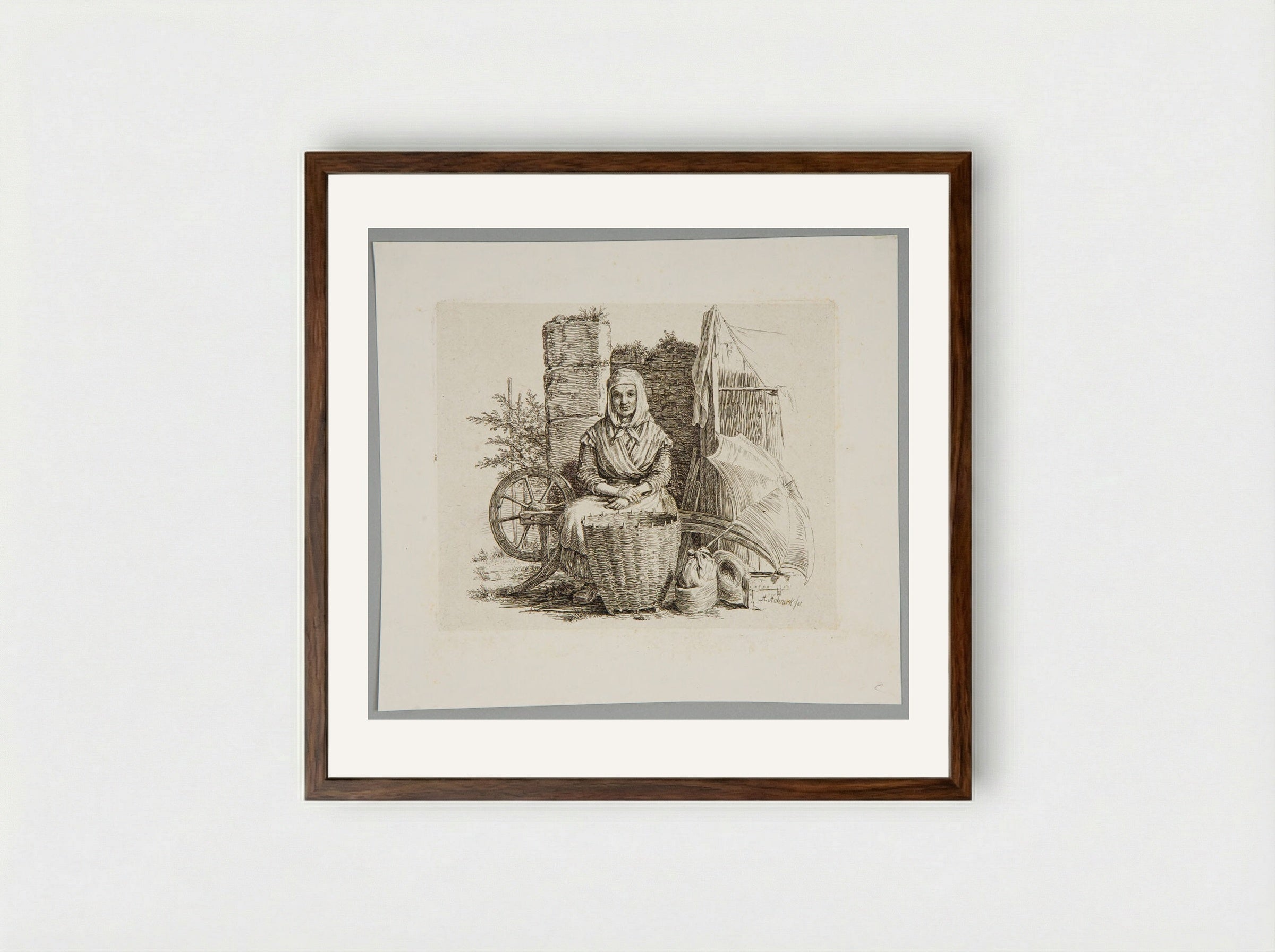 Old Woman Seated, with a Basket - Adolf Hohneck - Framed Print Dark Wood